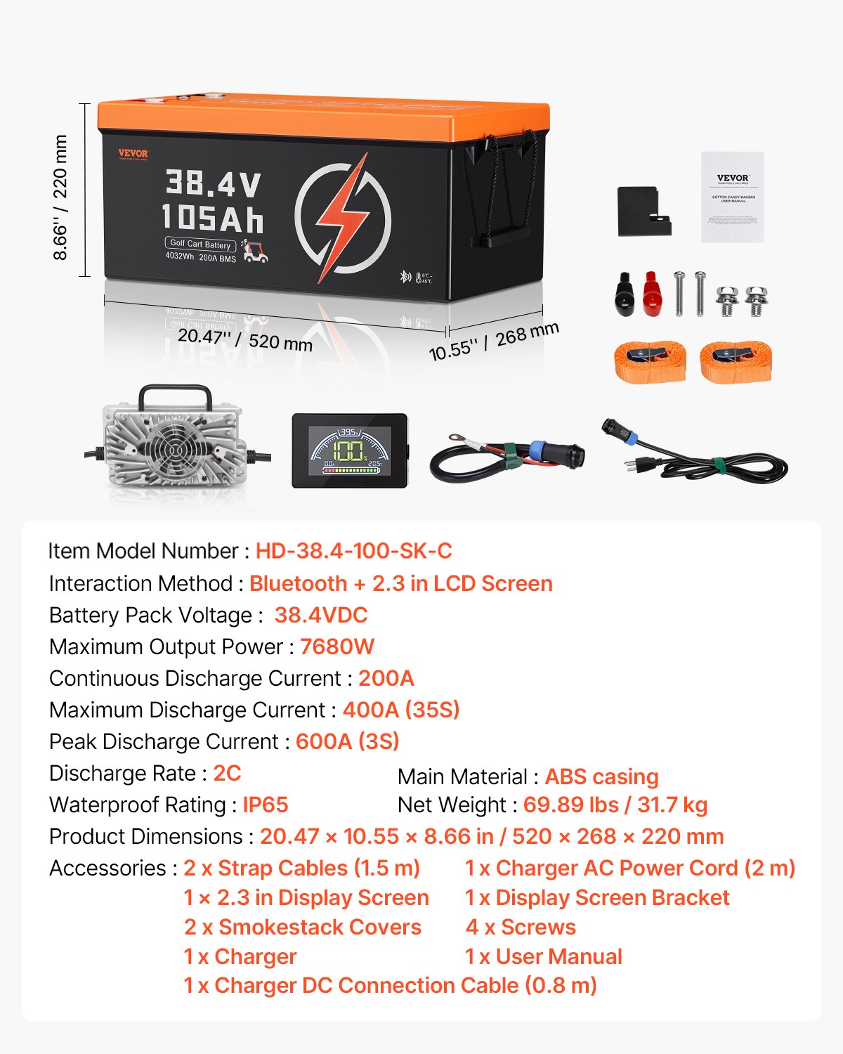 VEVOR 36V 105Ah Golf Cart Lithium Battery 20A Charger LCD Monitor & 4000+ Cycle