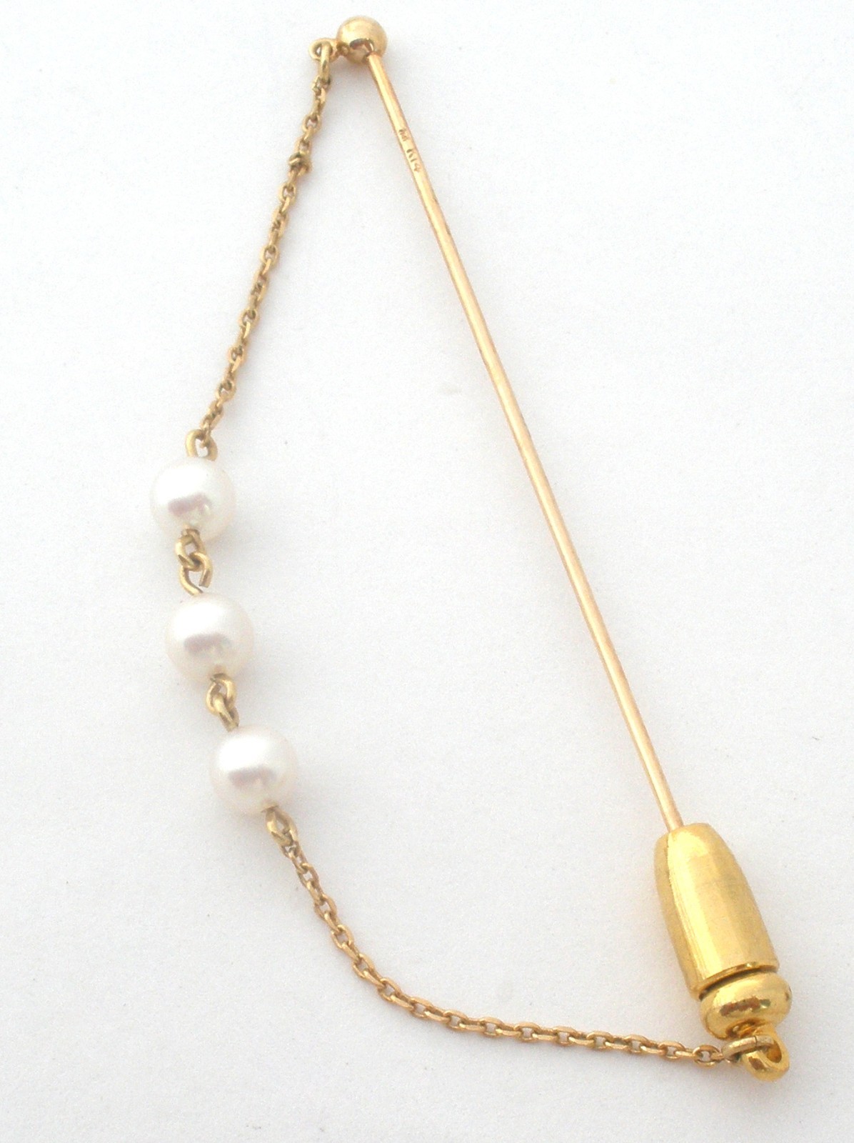 Mikimoto K14 Yellow Gold Pearl Stick Pin 14K Vintage Brooch With 3 Pearls 5mm