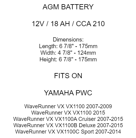 AGM Battery for Yamaha Waverunner Vx VX1100 Cruiser Deluxe Sport 2007-2015