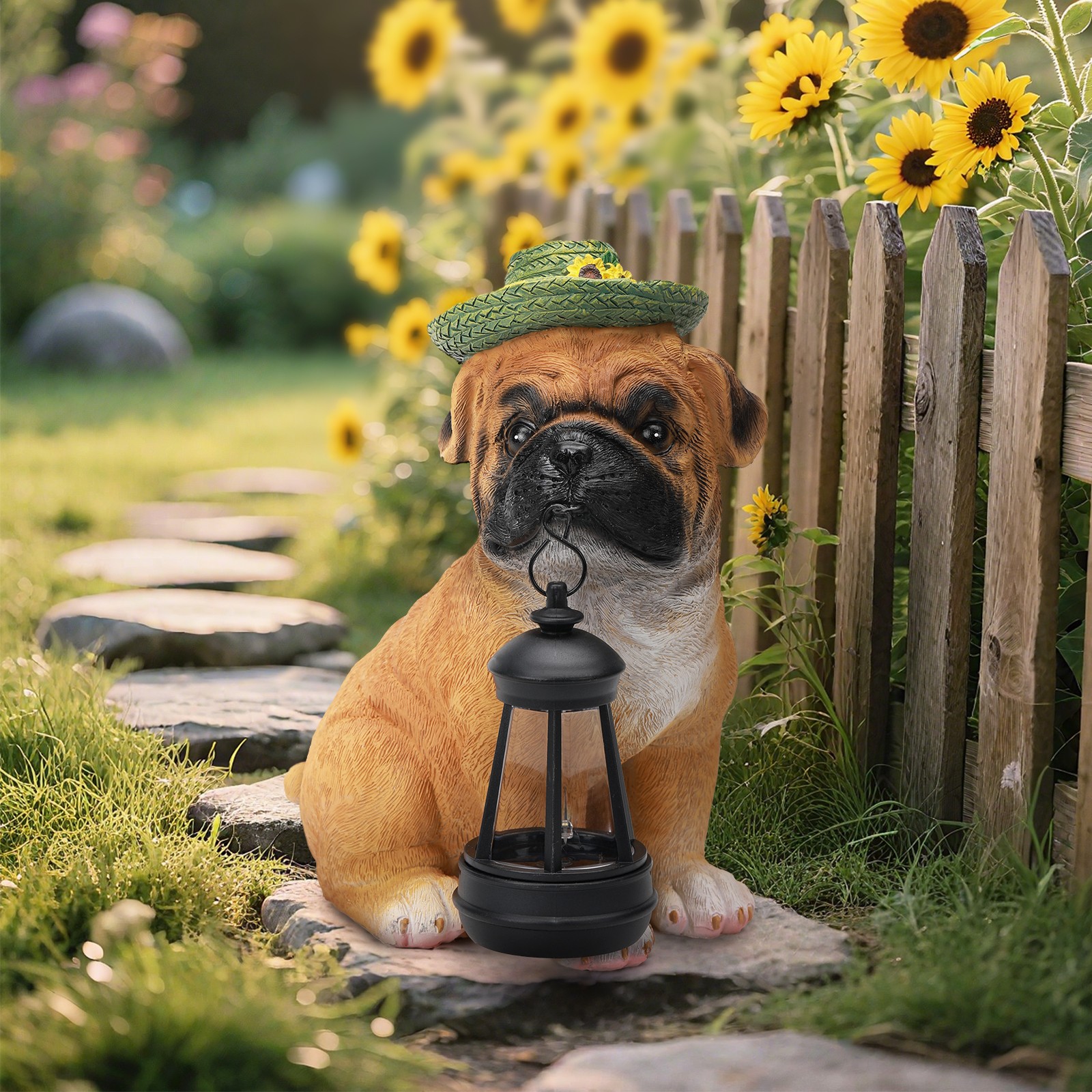 Solar-Powered Garden Dog Statue with Integrated Lanterns for Outdoor Decor