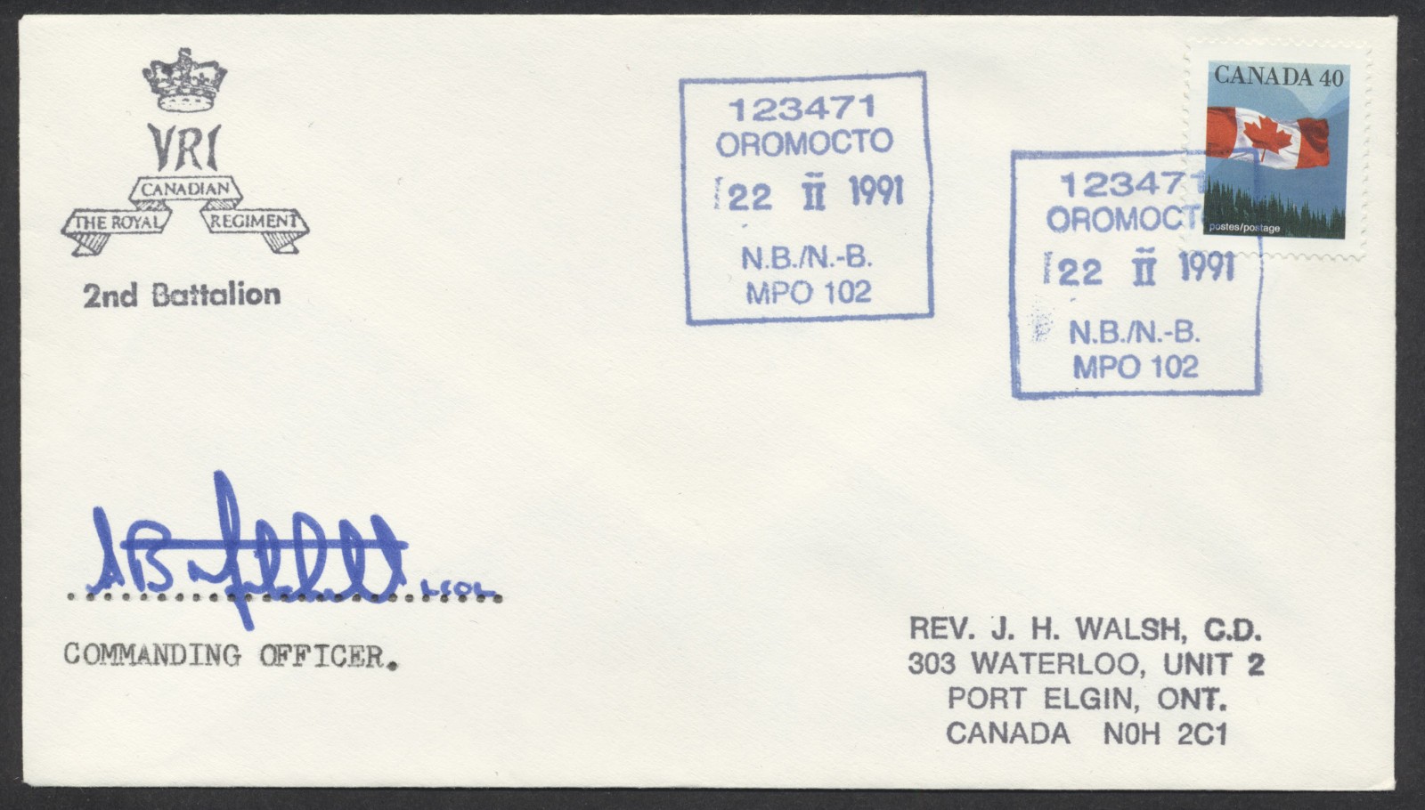 1991 Royal Canadian Regiment 2nd Battalion Cover Oromocto NB MPO 102 Signed