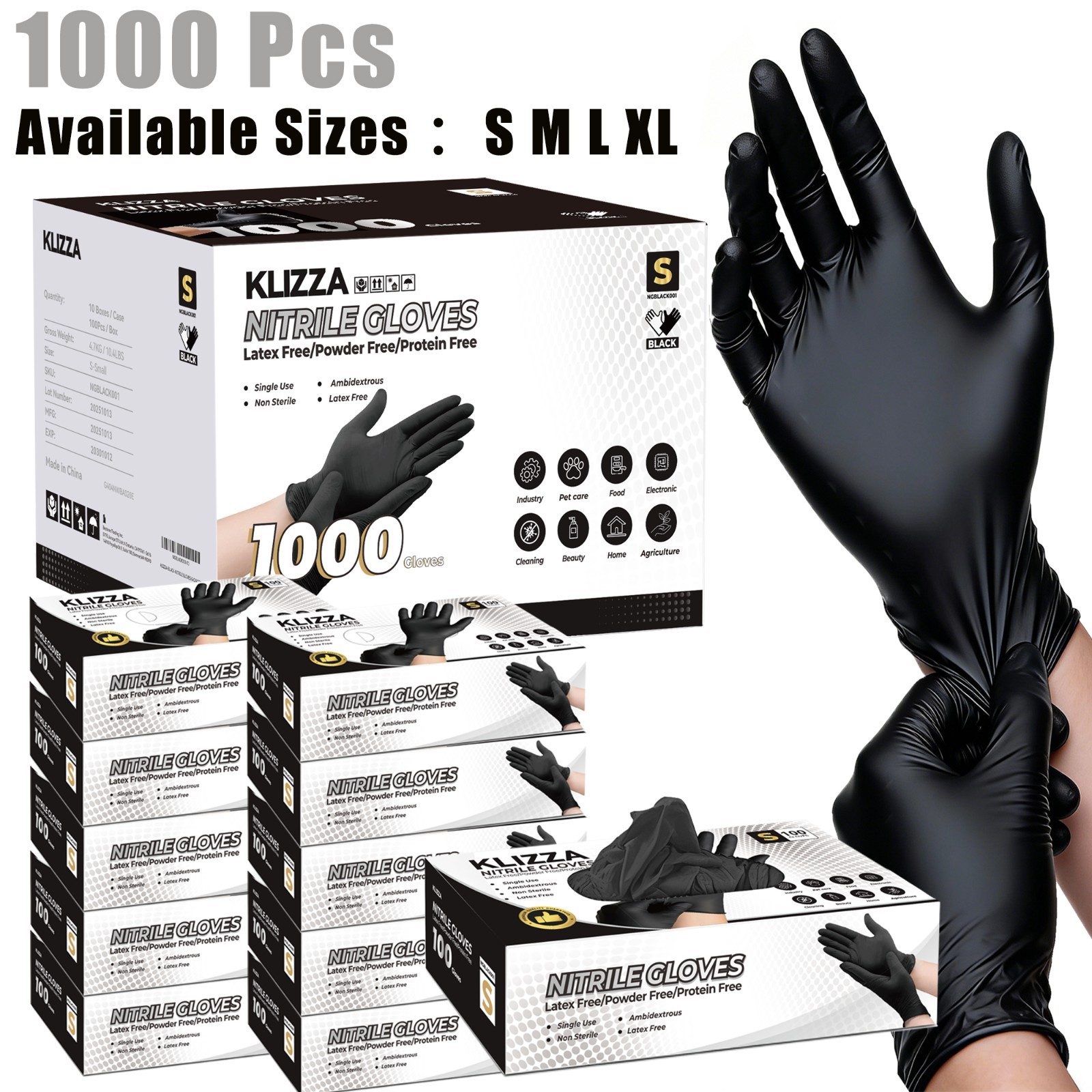 1000Pcs Nitrile Gloves,5 Mil Black,Powder-Free Food-Safe Clean Disposable Gloves
