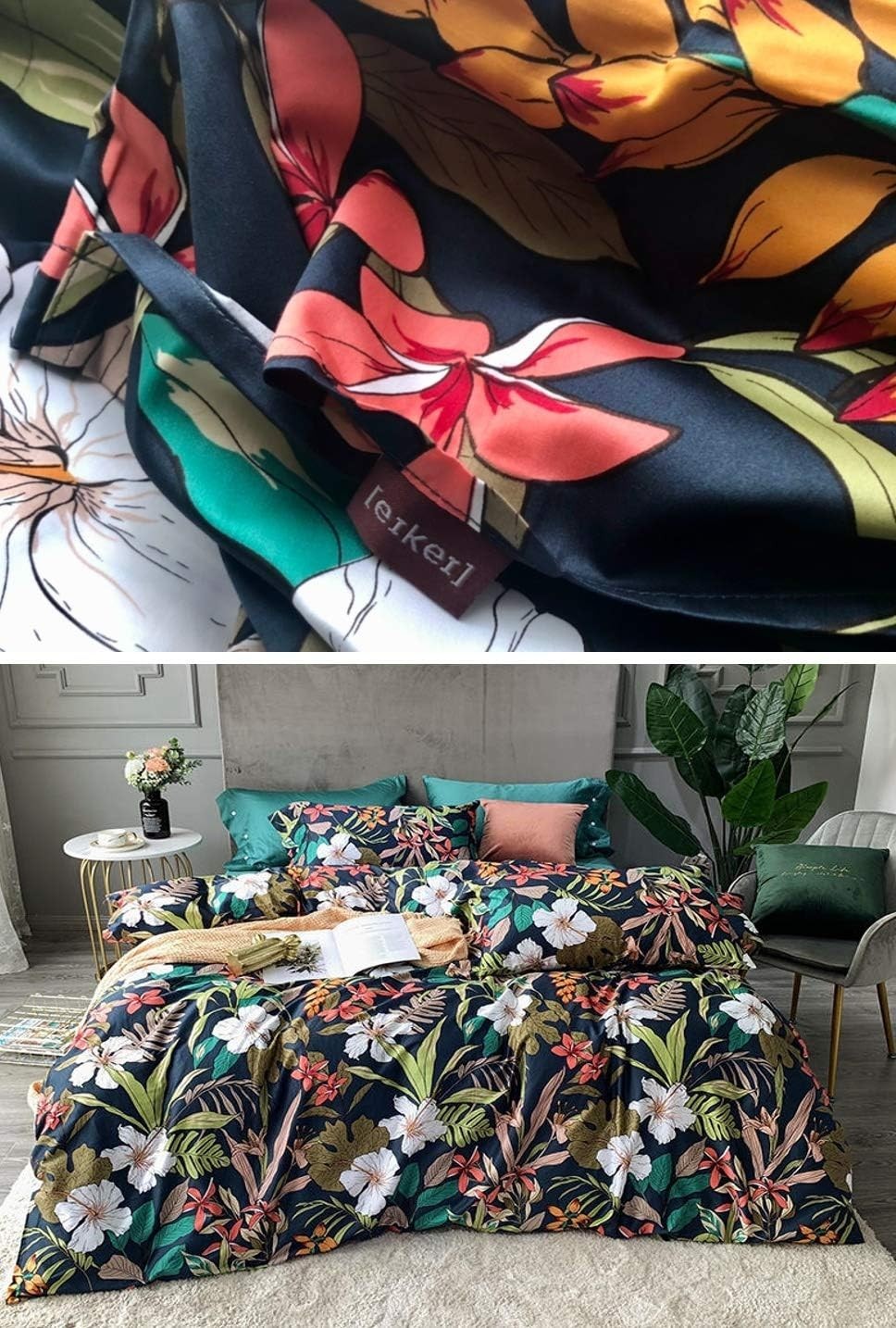 Eikei Midnight Teal Botanical Duvet Cover Egyptian Cotton Bedding Super King Set