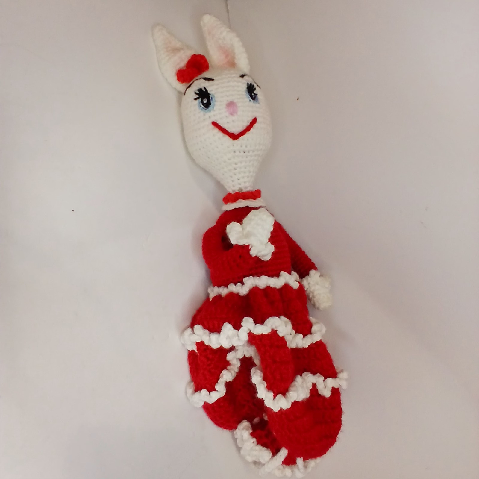 Handmade Crochet Bunny Doll Toilet Paper Roll Cover Red White Amigurumi Vintage