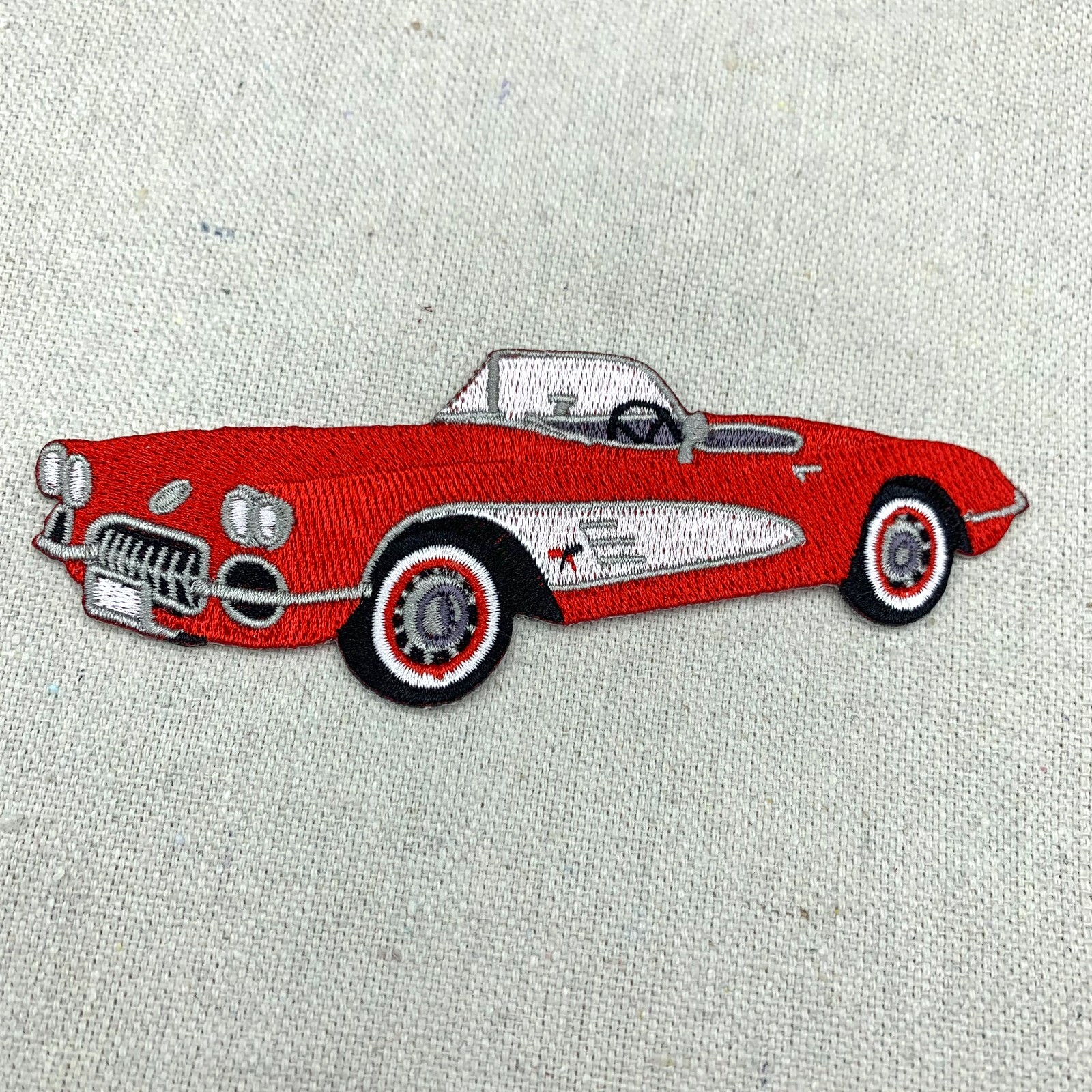 RED CONVERTIBLE CAR iron-on PATCH embroidered CLASSIC 1960s AUTOMOBILE CORVETTE