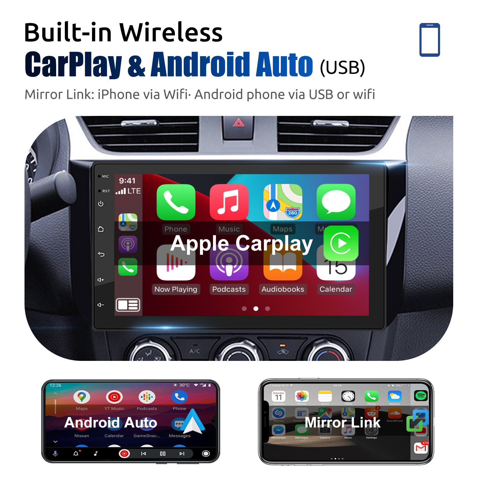 4+64GB Double 2 Din HeadUnit Car Stereo Carplay Android15 Radio Sat Nav WIFI 7in