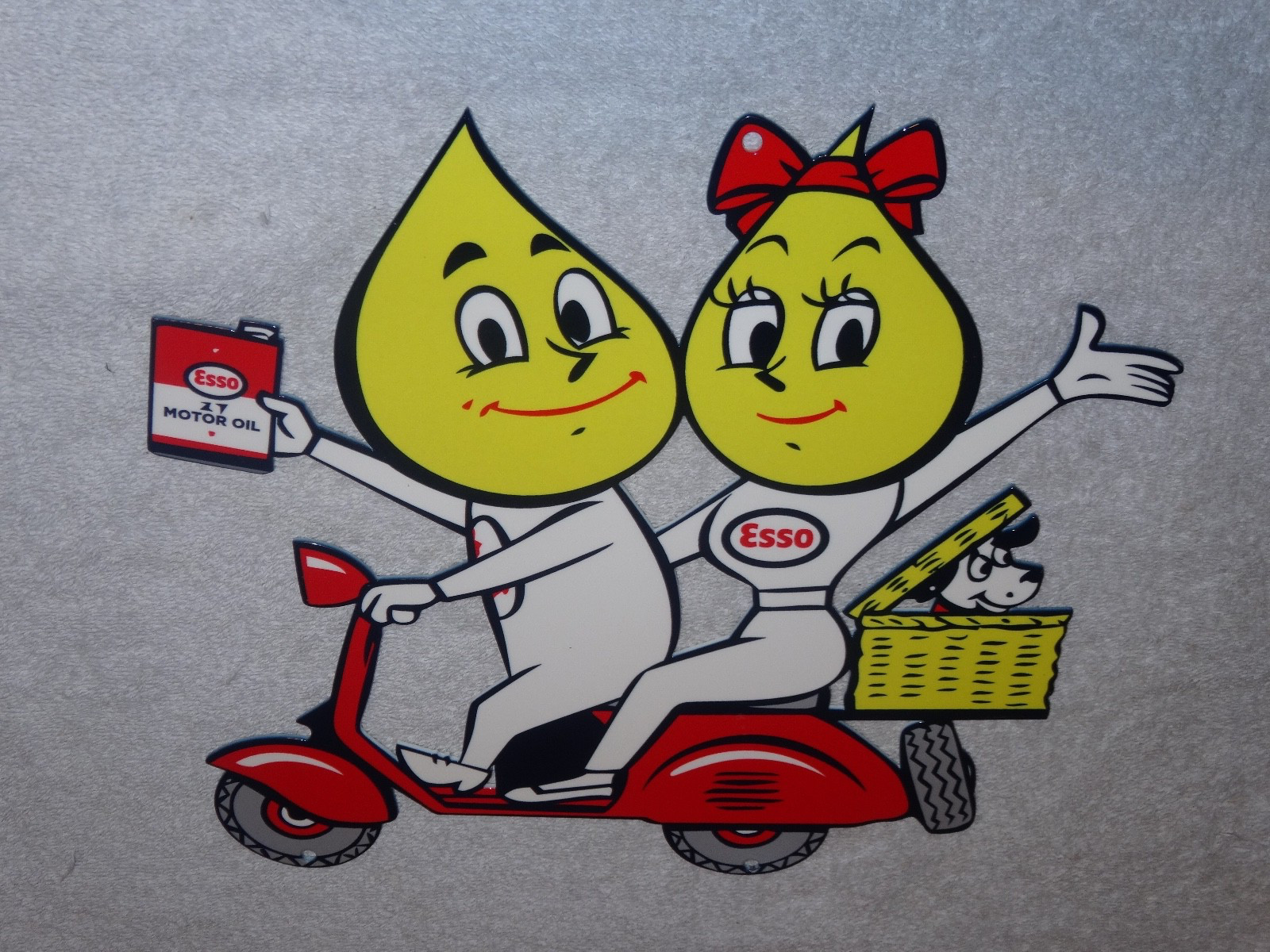 VINTAGE ESSO OIL DROP BOY & GIRL ON VESPA SCOOTER W/ DOG 12" METAL GASOLINE SIGN