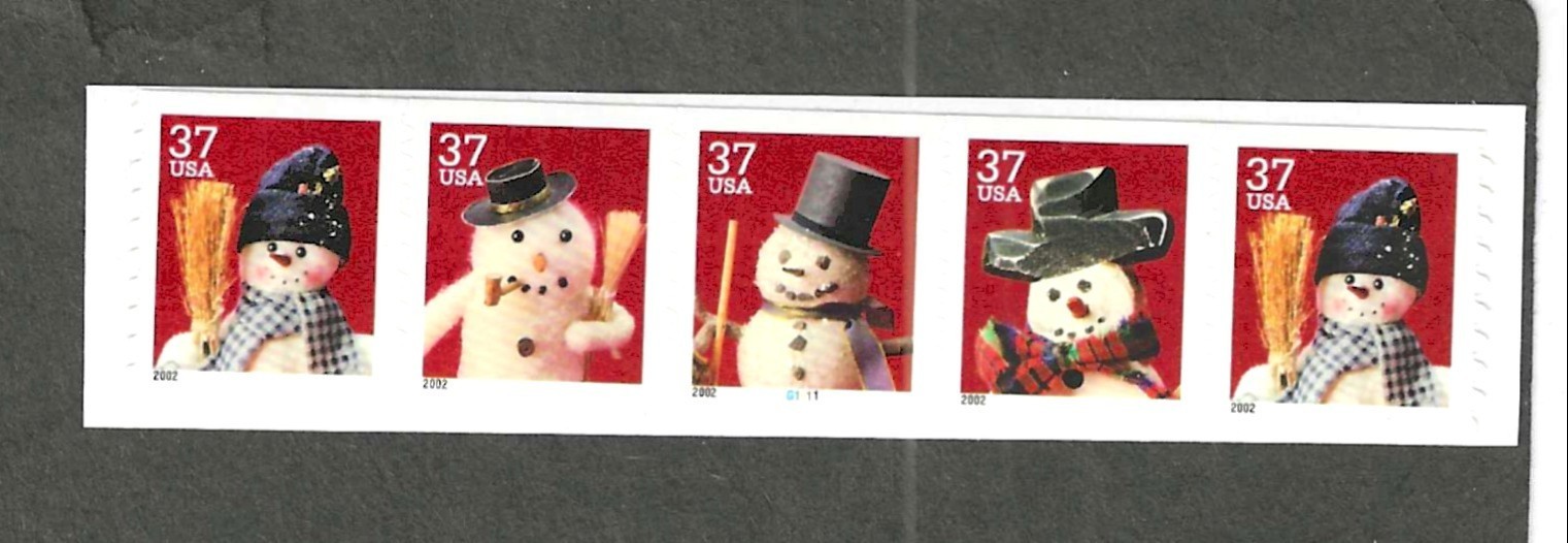 #3680-3 37c SNOWMEN ISSUE COIL STRIP/5 w/PL#G1111 MNH
