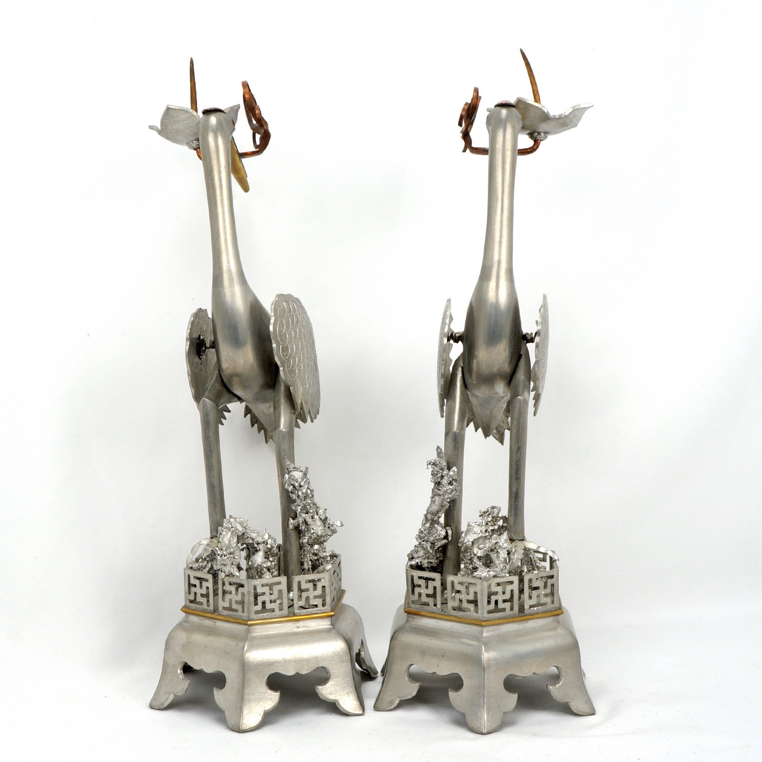 Pair Chinese Mixed-Metal Pewter Crane Sculptures Candlesticks