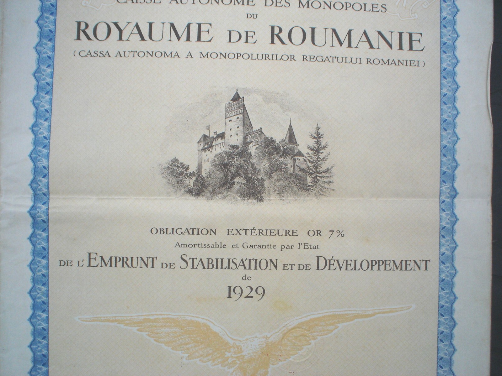 Kingdom of Romania 100 US$ Monopolies Inst. Gold Bond to Bearer uncanc. coupons