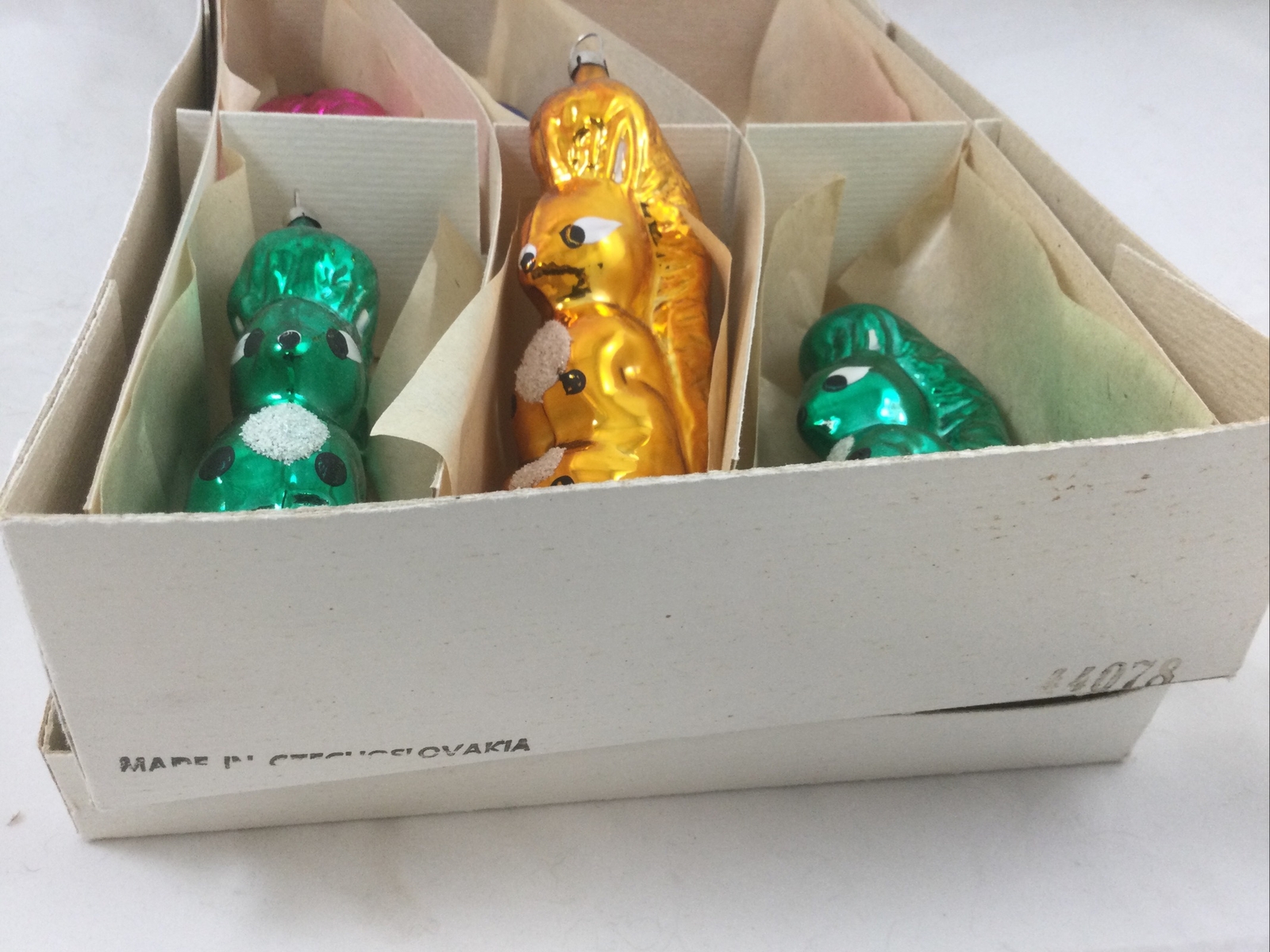 vintage hand made Czech glass squirrel christmas ornament box of 6