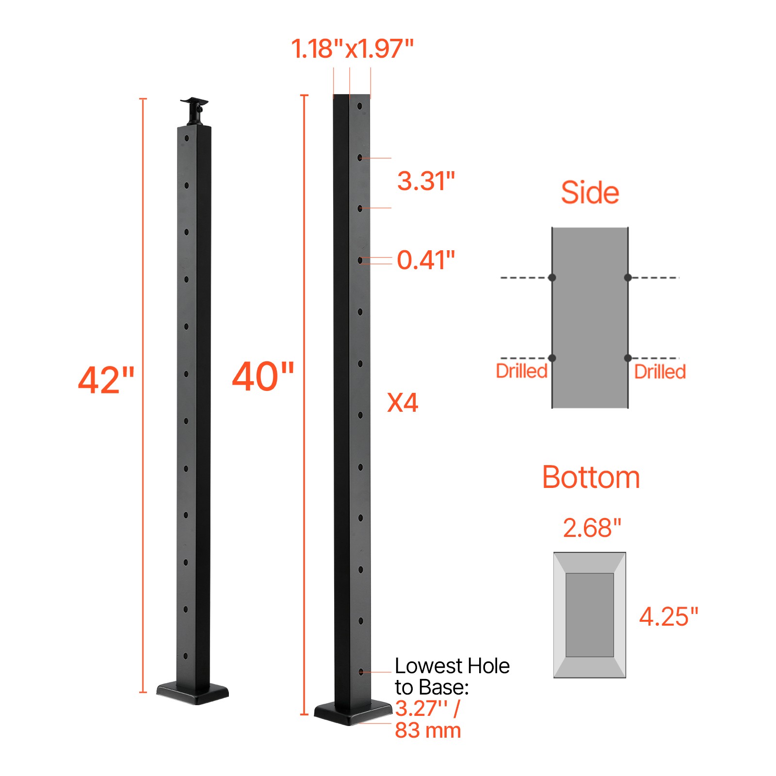 VEVOR 4 Pack Cable Railing Post 42x1x2in Horizontal-Hole 4JZLGZXHS106REP67001V0