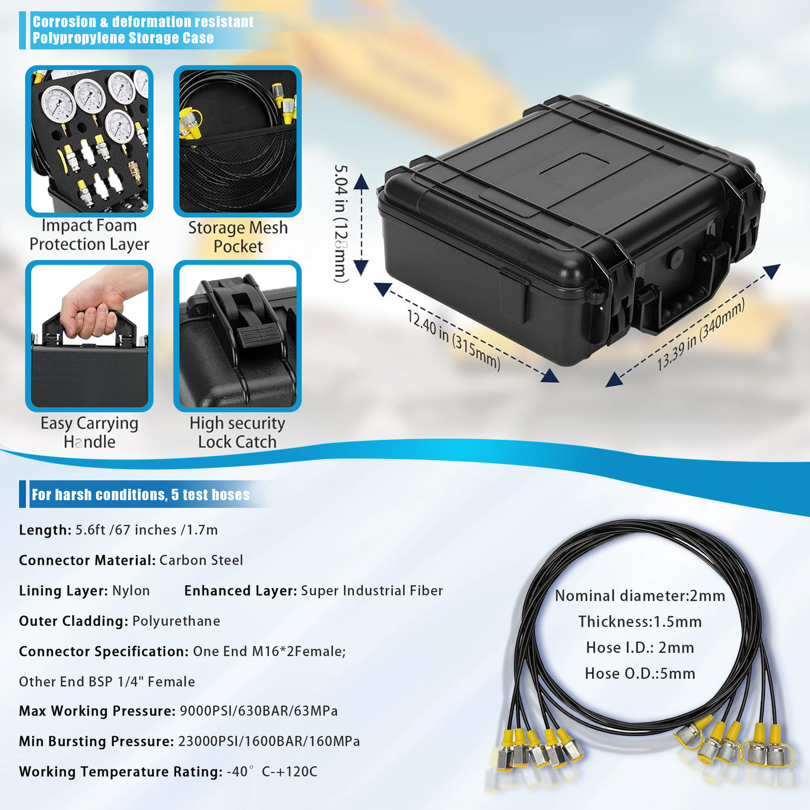 60Mpa Hydraulic Pressure Test Kit 5 Gauges 13 Couplings 14 Tee Connectors 5 Hose