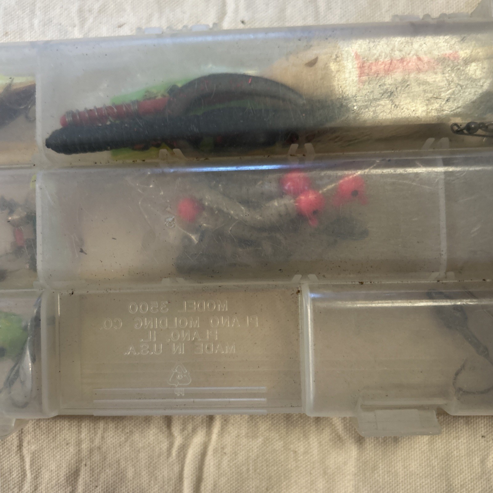 Plano Clear Tackle Box 3500 With Lures Weights Plastic Worms LOT Fishing Fish