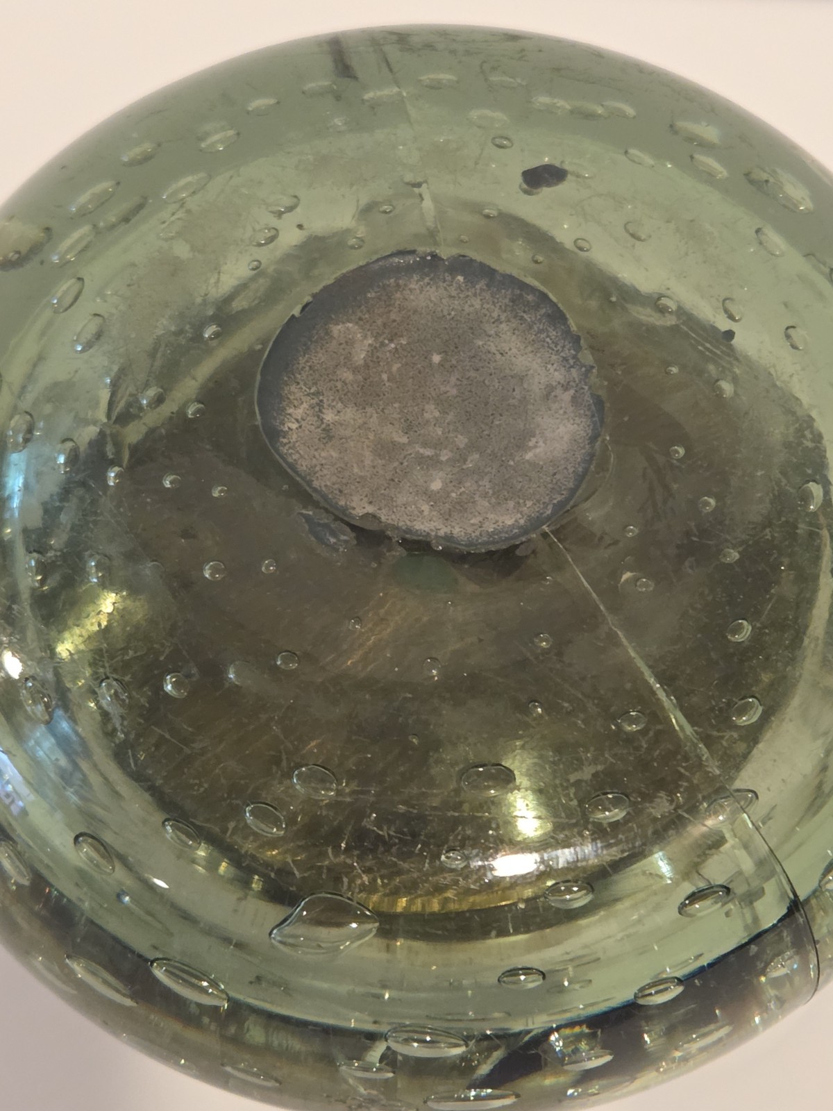 Glass Ink Well hand Blown Controlled Bubbles Brass Antique Green