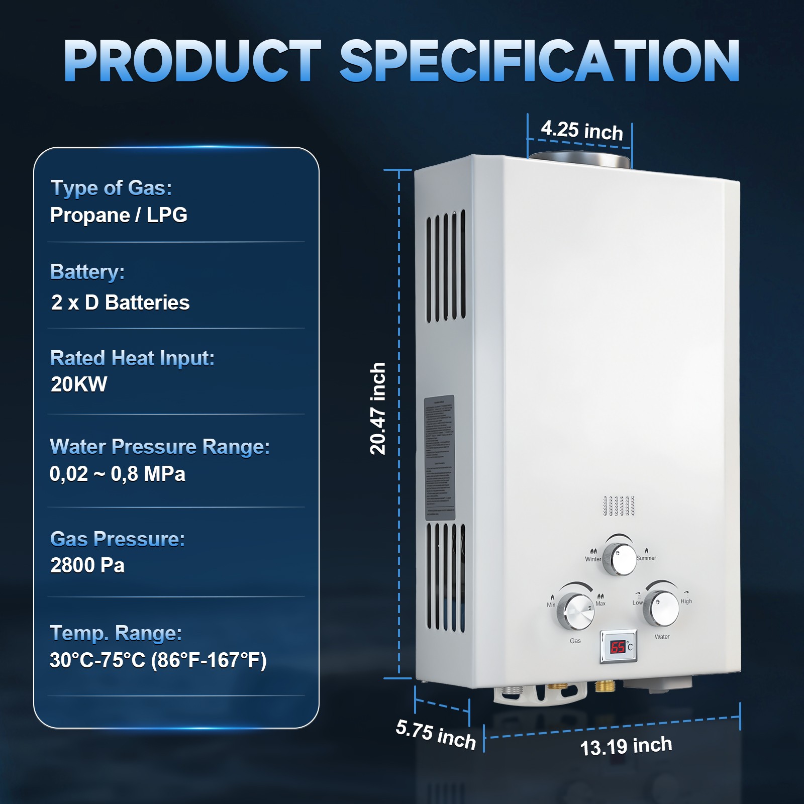 Tankless Propane Gas Hot Water Heater On-Demand Instant Gas Pressure 2800 Pa