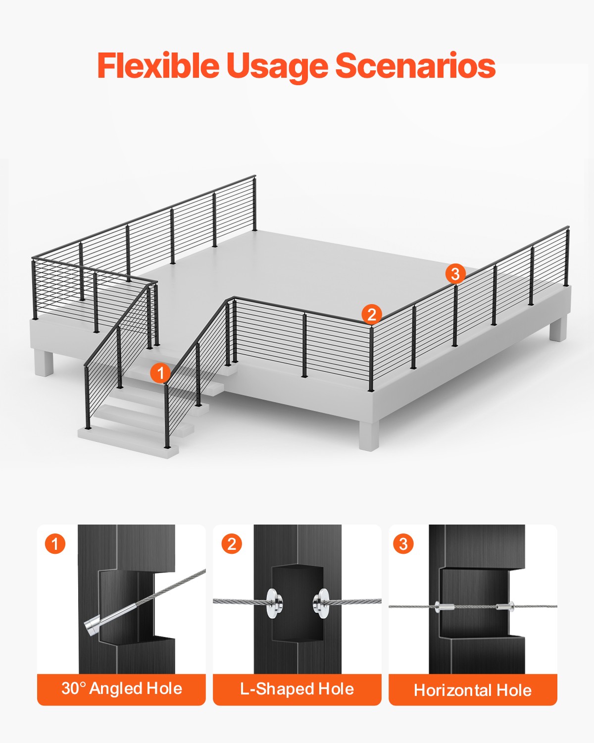 VEVOR 4 Pack Cable Railing Post 42x1x2in Horizontal-Hole 4JZLGZXHS106REP67001V0