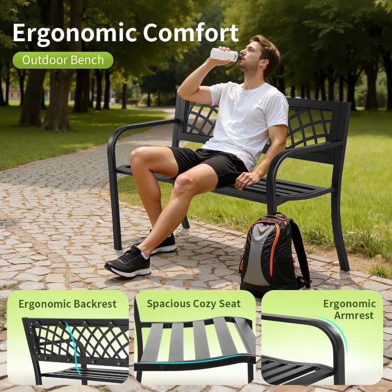 Garden Bench,Outdoor Benches,Iron Steel Frame Patio Bench