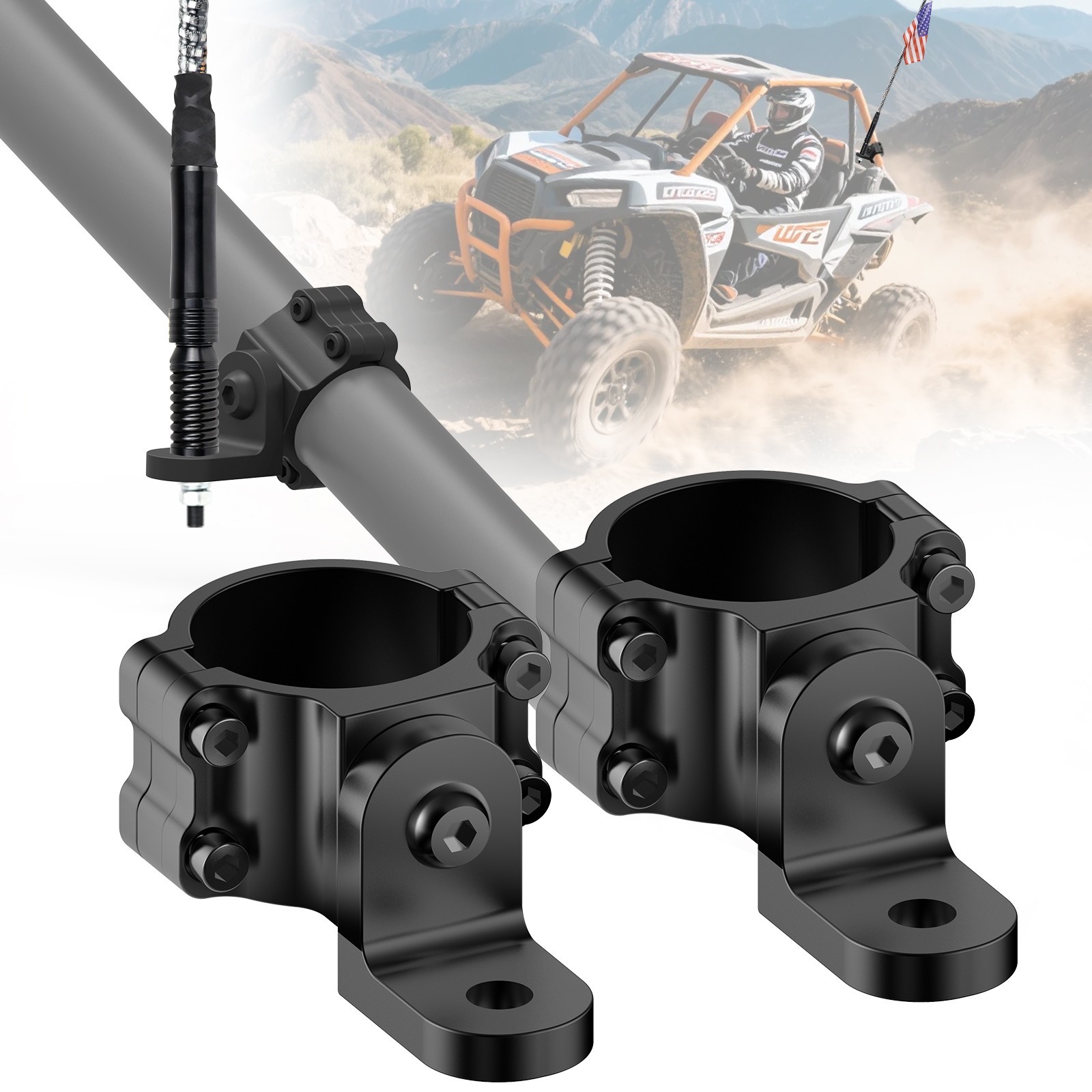 2PCS UTV ATV Whip Light Mount Flag Brackets 360°Adjustable For 1.65"-2" Roll Bar