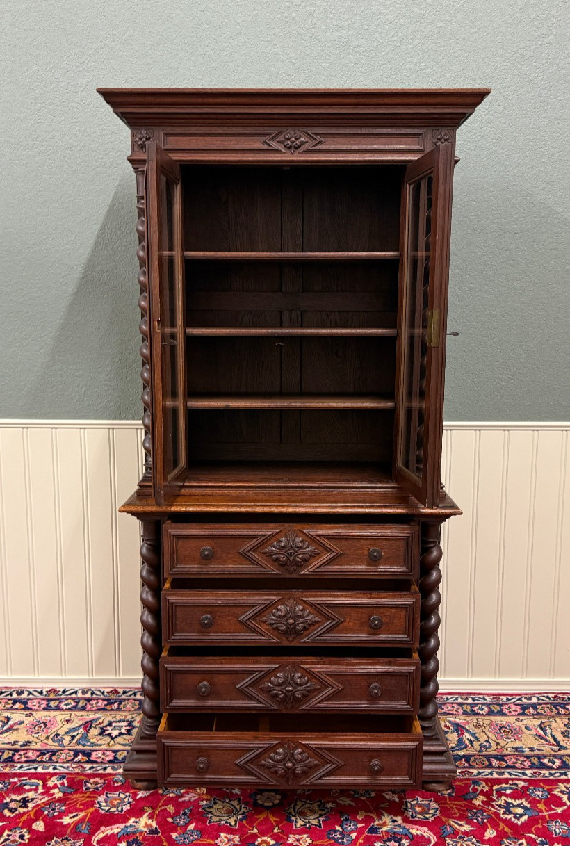 Antique French Bookcase & Chest of Drawers Display Cabinet Barley Twist Oak
