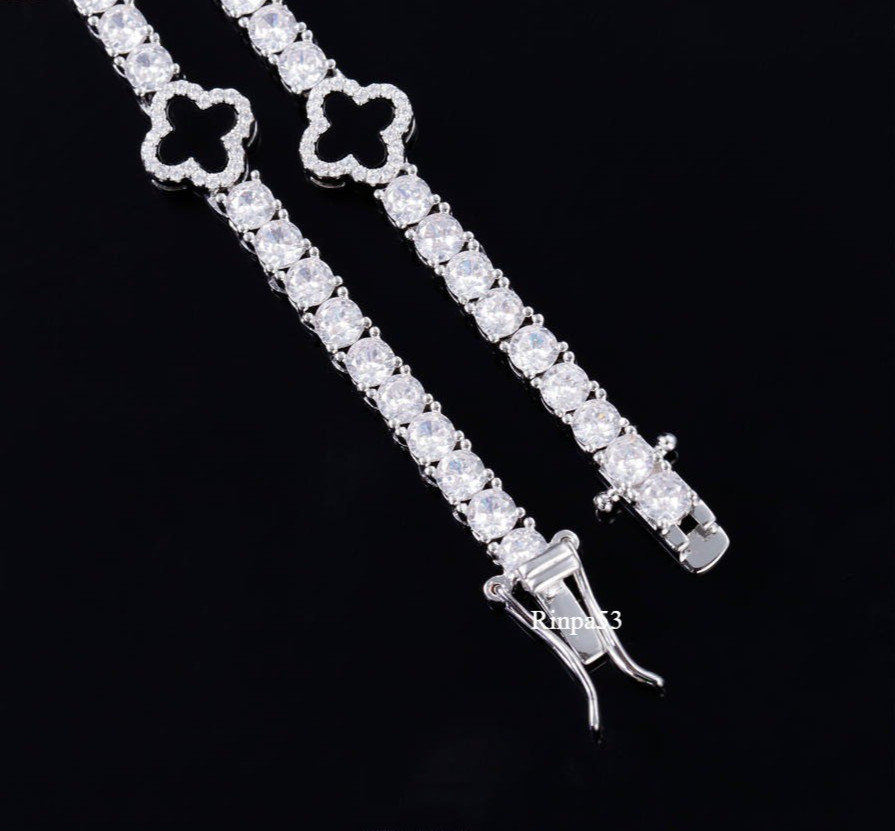 5 CT Lab Created Diamond Black Onyx Clover 925 Sterling Silver Tennis Bracelet