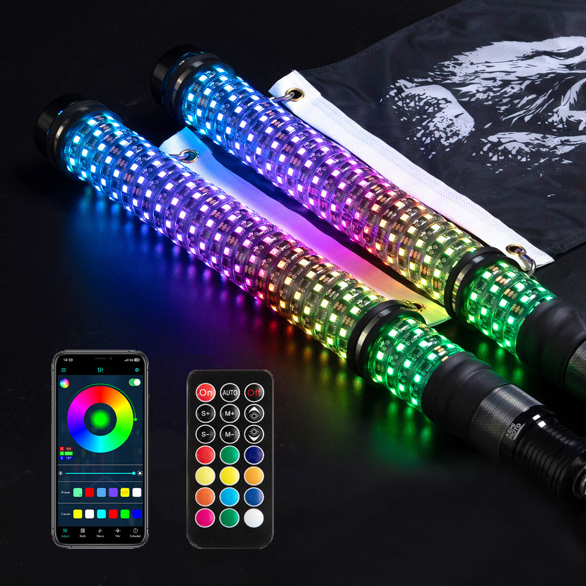 KEMIMOTO 2FT Fat Whip Lights LED Spiral Chasing Lighted w/ Remote & APP Control