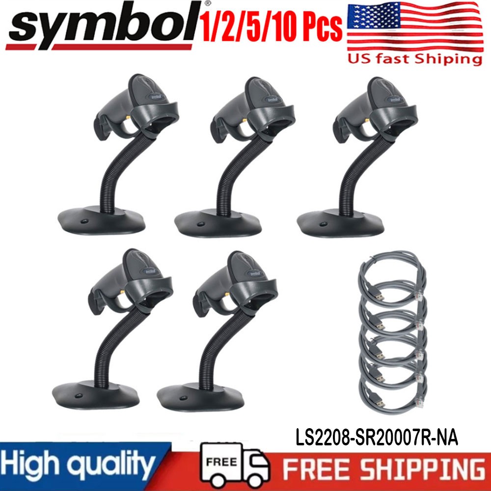 1-10PCS Zebra Symbol 1D Barcode Scanner Kit Stand W/USB Cable LS2208-SR20007R-NA