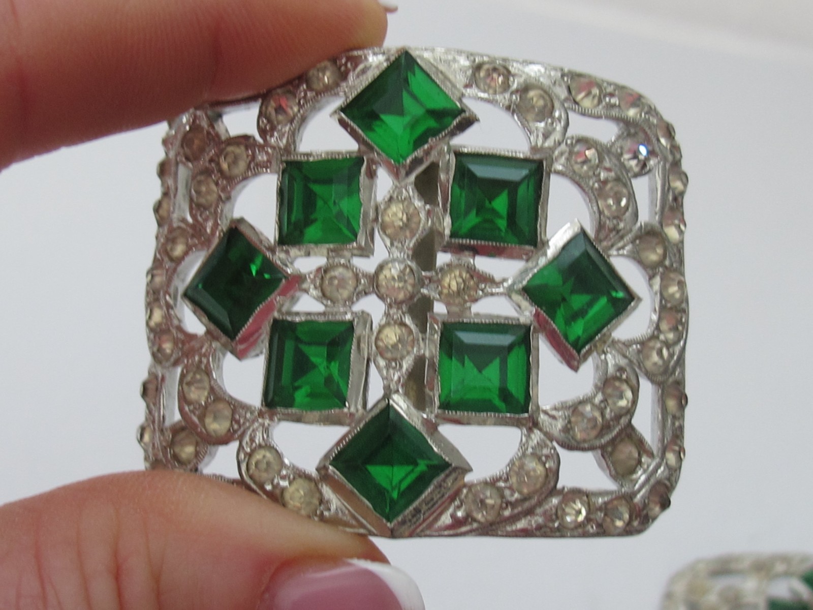 Antique Art Deco Rhinestone Clear & Green Shoe Clips Gorgeous C6