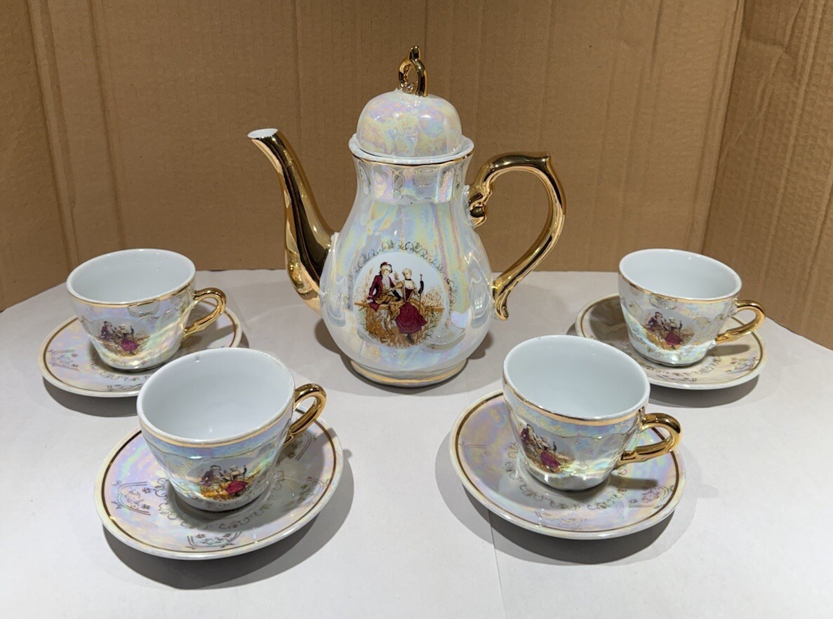 Romeo And Juliet Tea Pot 4 Tea Cups 4 Saucers Gold Trim Handles Iridescent White