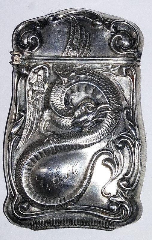 Antique Vintage Sterling Winged Cockatrice Dragon Vesta Match Safe WB3-Vesta-1