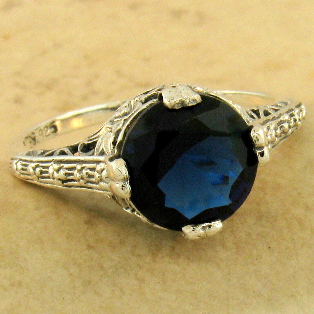 ENGAGEMENT WEDDING ART DECO STYLE 925 SILVER SIMULATED SAPPHIRE RING 1162X