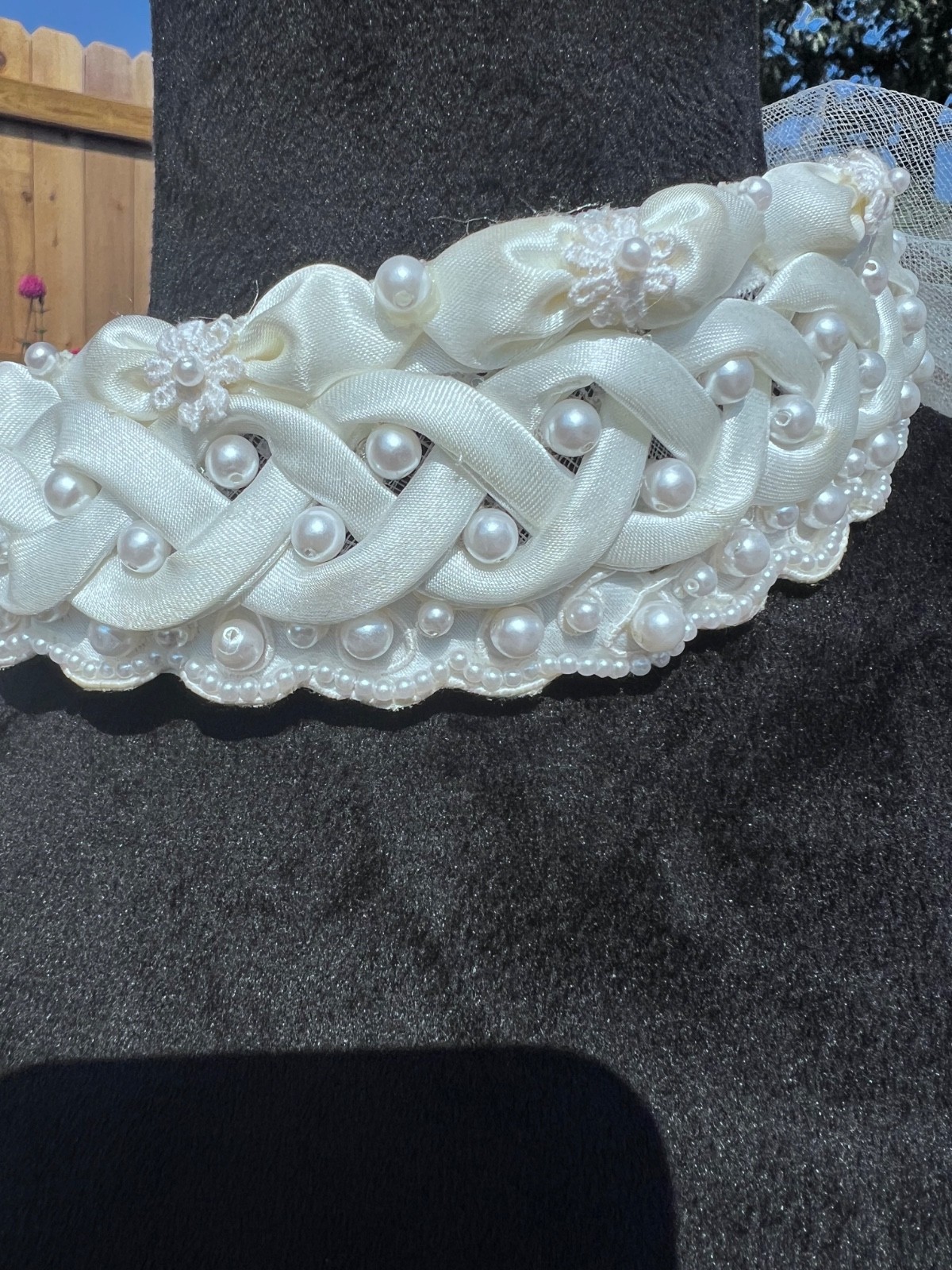Vintage White Wedding Veil With Pearl & Beaded Headband Double Layer Satin Edge