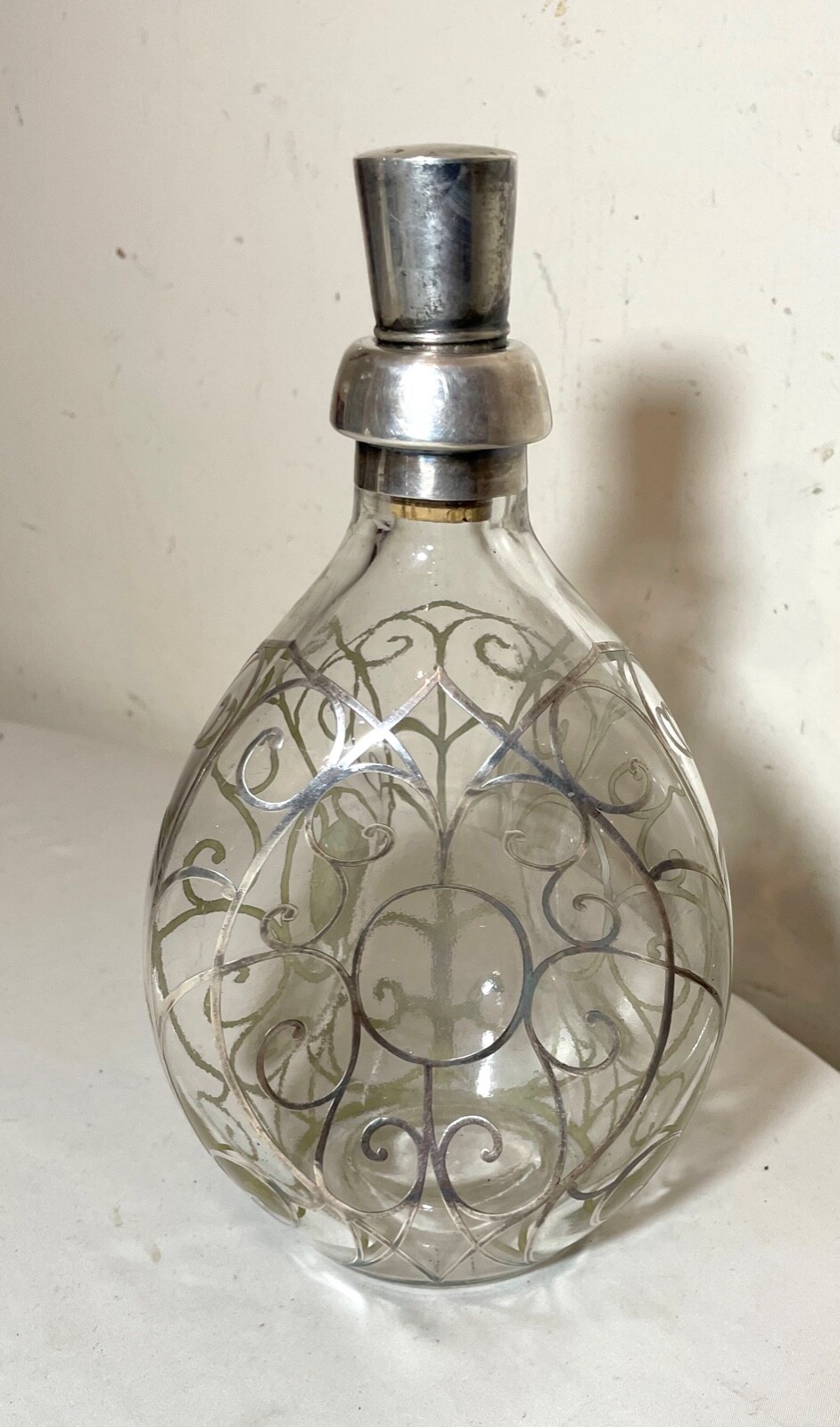 antique ornate sterling silver overlay glass liquor claret decanter bottle jar