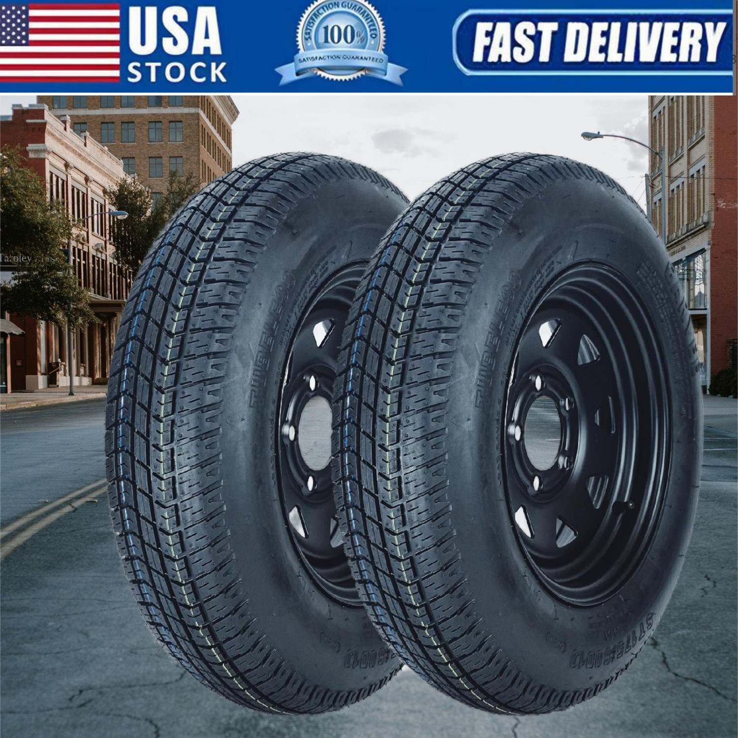 2 pcs ST205/75D15 Trailer Tires and Wheels W/15" Rims 5 Lug on 4.5" Load Range C