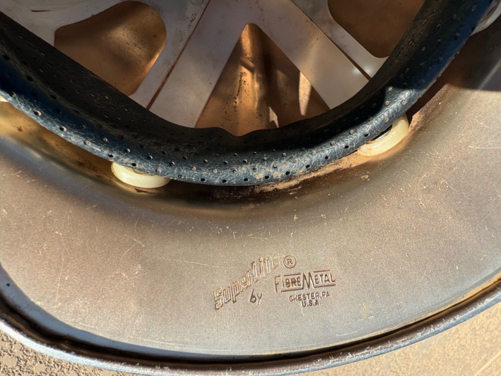 VINTAGE SUPERLITE BY FIBRE METAL ALUMINUM HARD HAT TANNER PAVING & MATERIALS