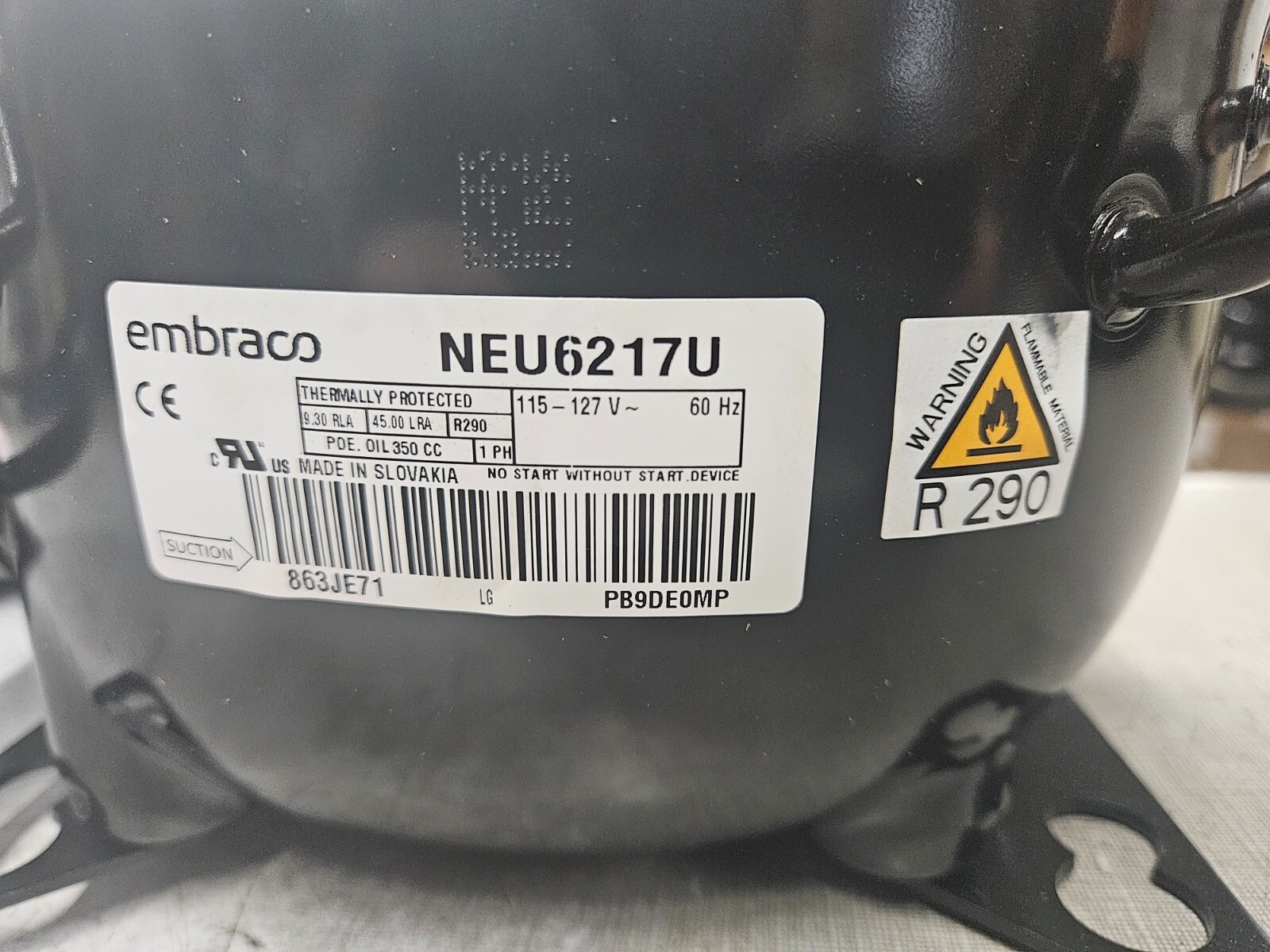 EMBRACO NEU6217U 3/4-HP 115V 1PH 60HZ R-290 REFRIGERATION COMPRESSOR