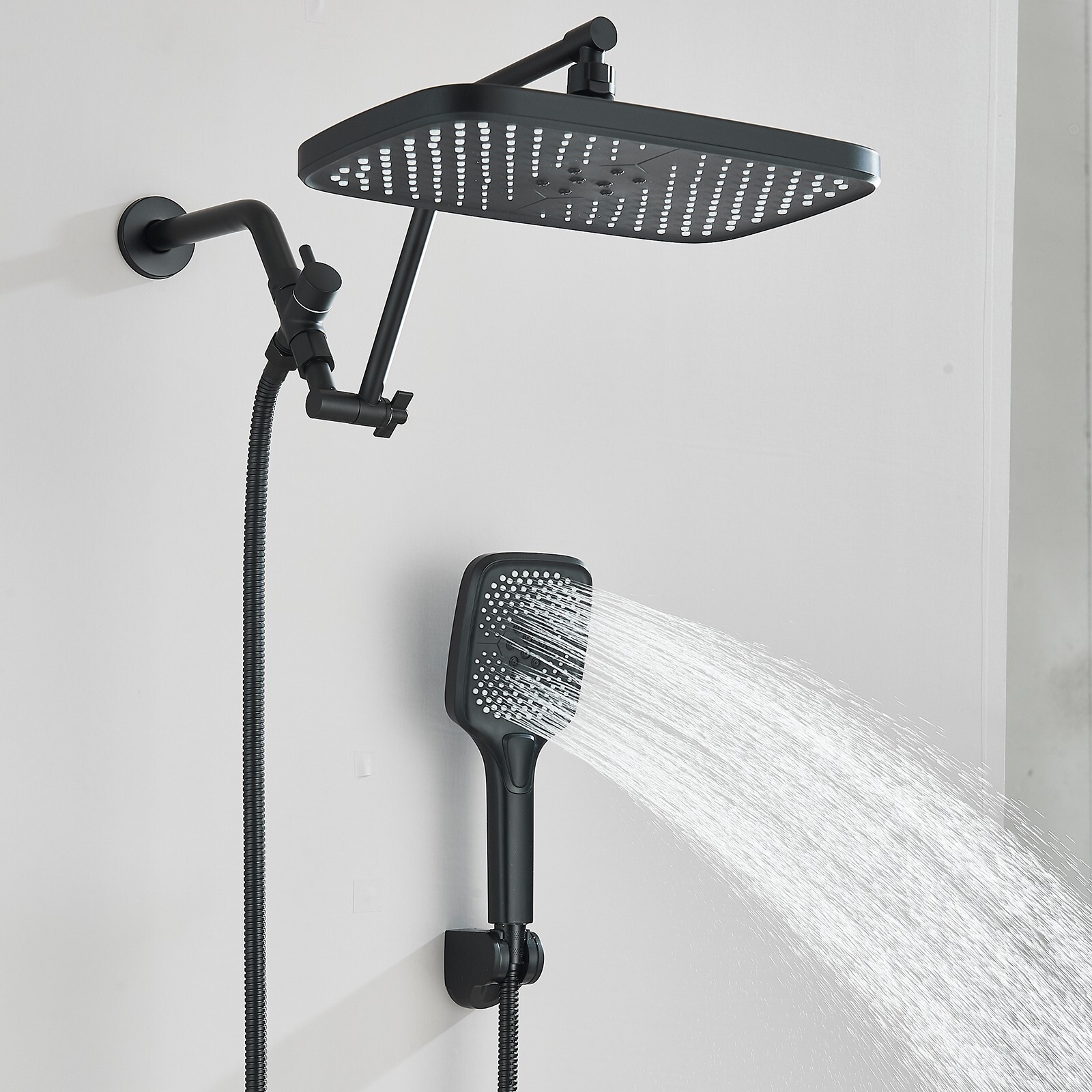 Black Rain Shower Head with Handheld Spray Set High Pressure 16" Adjustable Arm