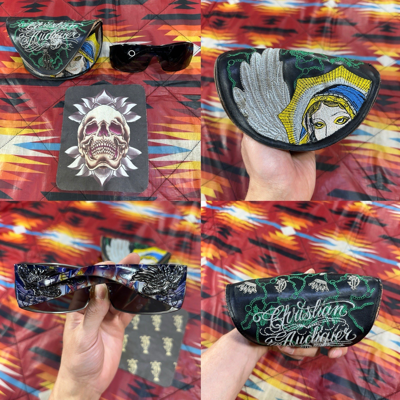 Christian Audigier CAS404 Gunmetal Virgen Mary Sunglasses Y2K RARE w/ Case