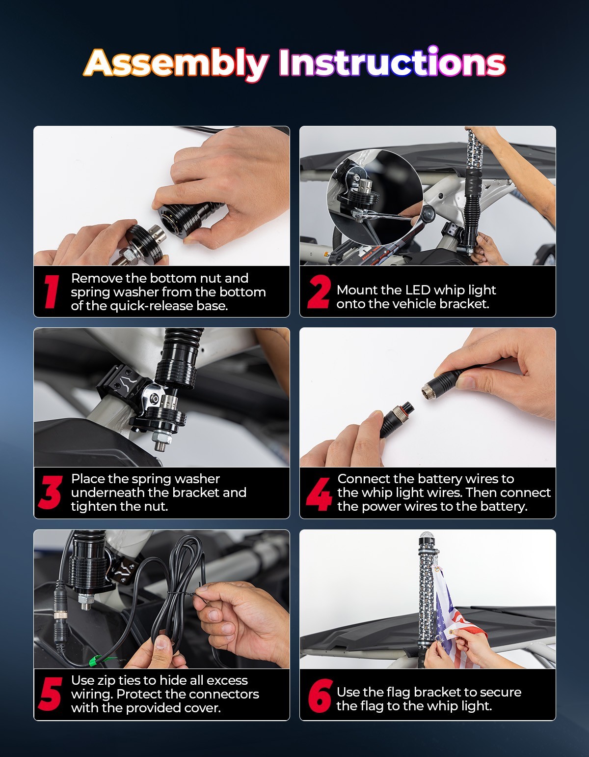 2PCS 2FT Fat Whip Lights LED Spiral Chasing Lighted w/ Warning Light for X3 RZR