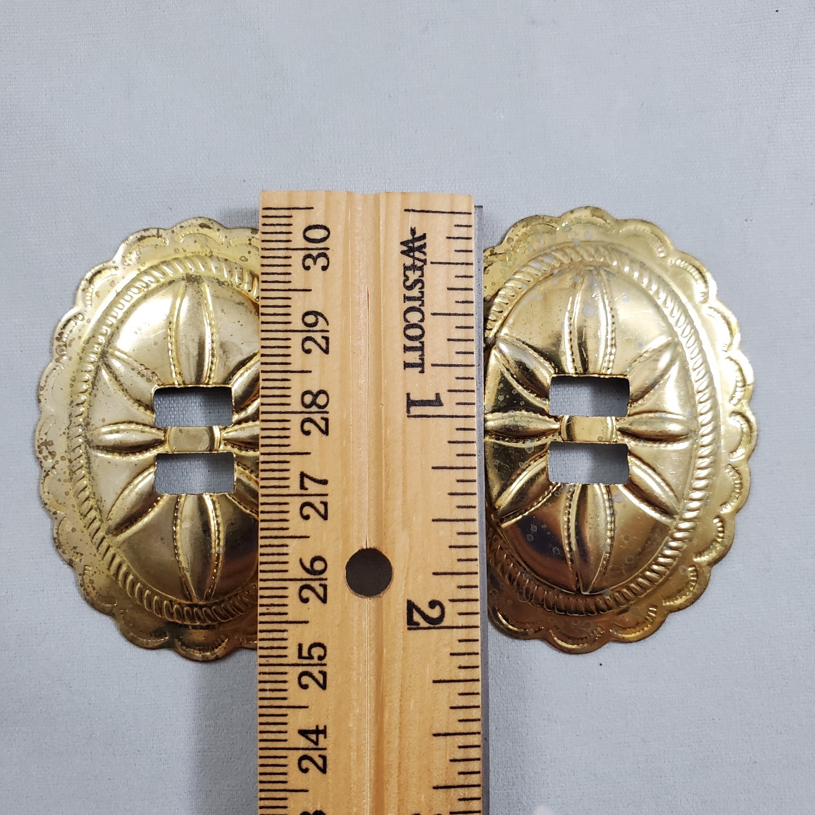 Lot of 34 Slotted Oval Conchos Brass Tone Scalloped Different Sizes Crafts Vtg