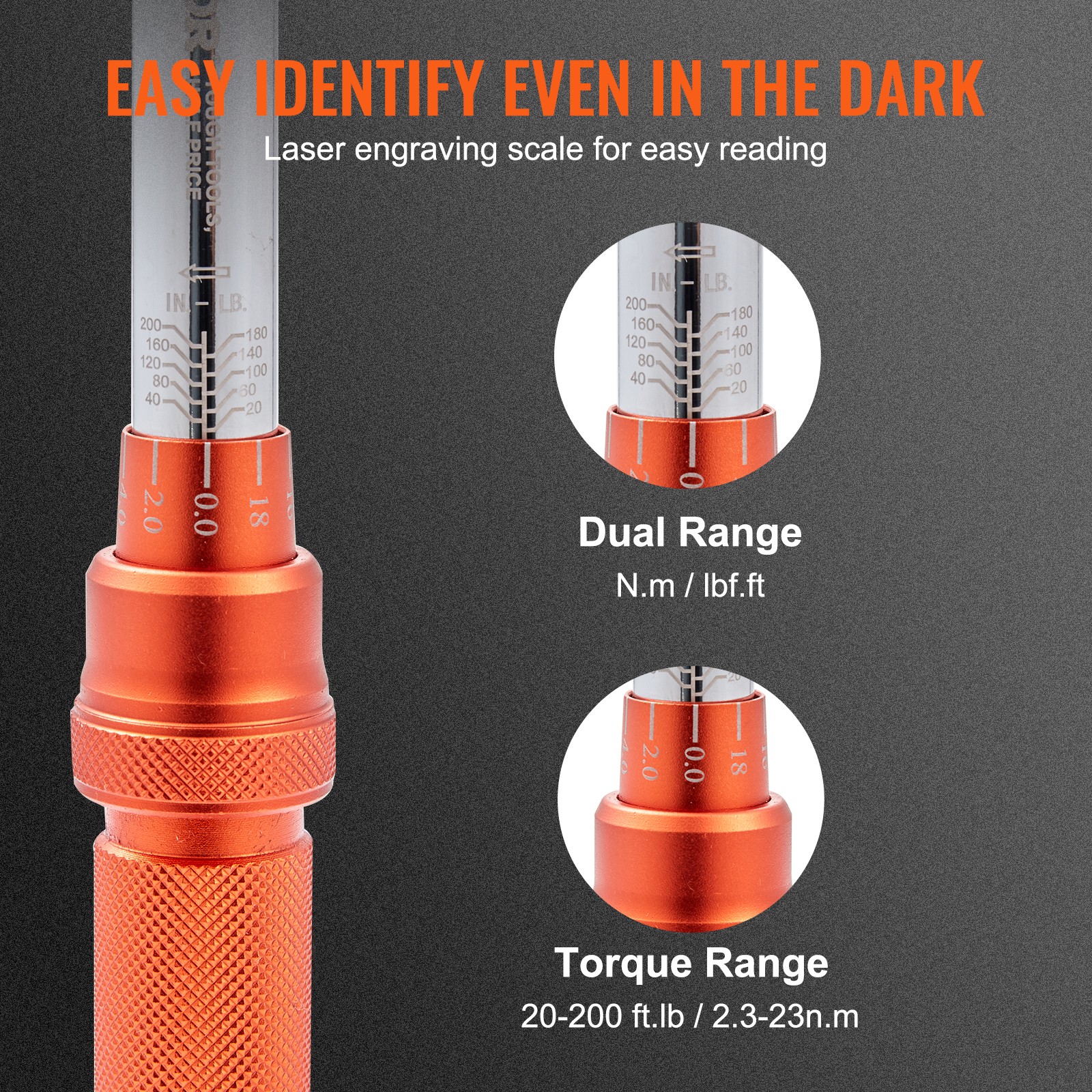 VEVOR Torque Wrench Adjustable Torque Wrench 1/4" Drive 20-200in.lb/2.3-23Nm