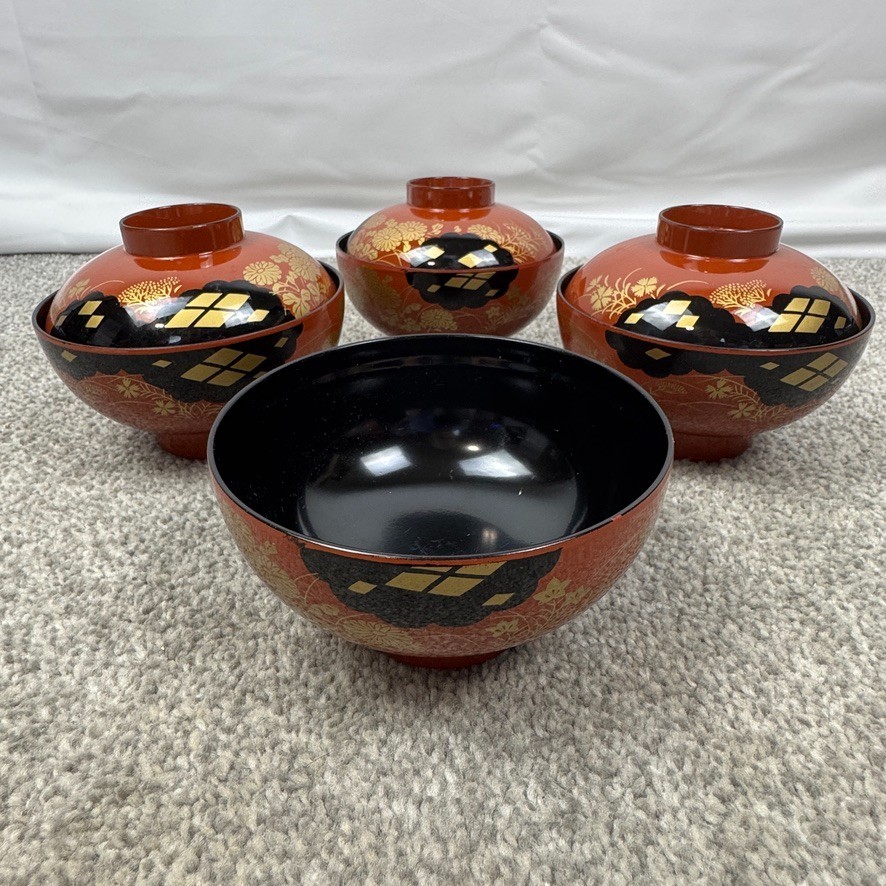 5 Showa Period Wajima-Nuri Owan Serving Bowls 3 Lids & Lacquered Wood Tray Japan
