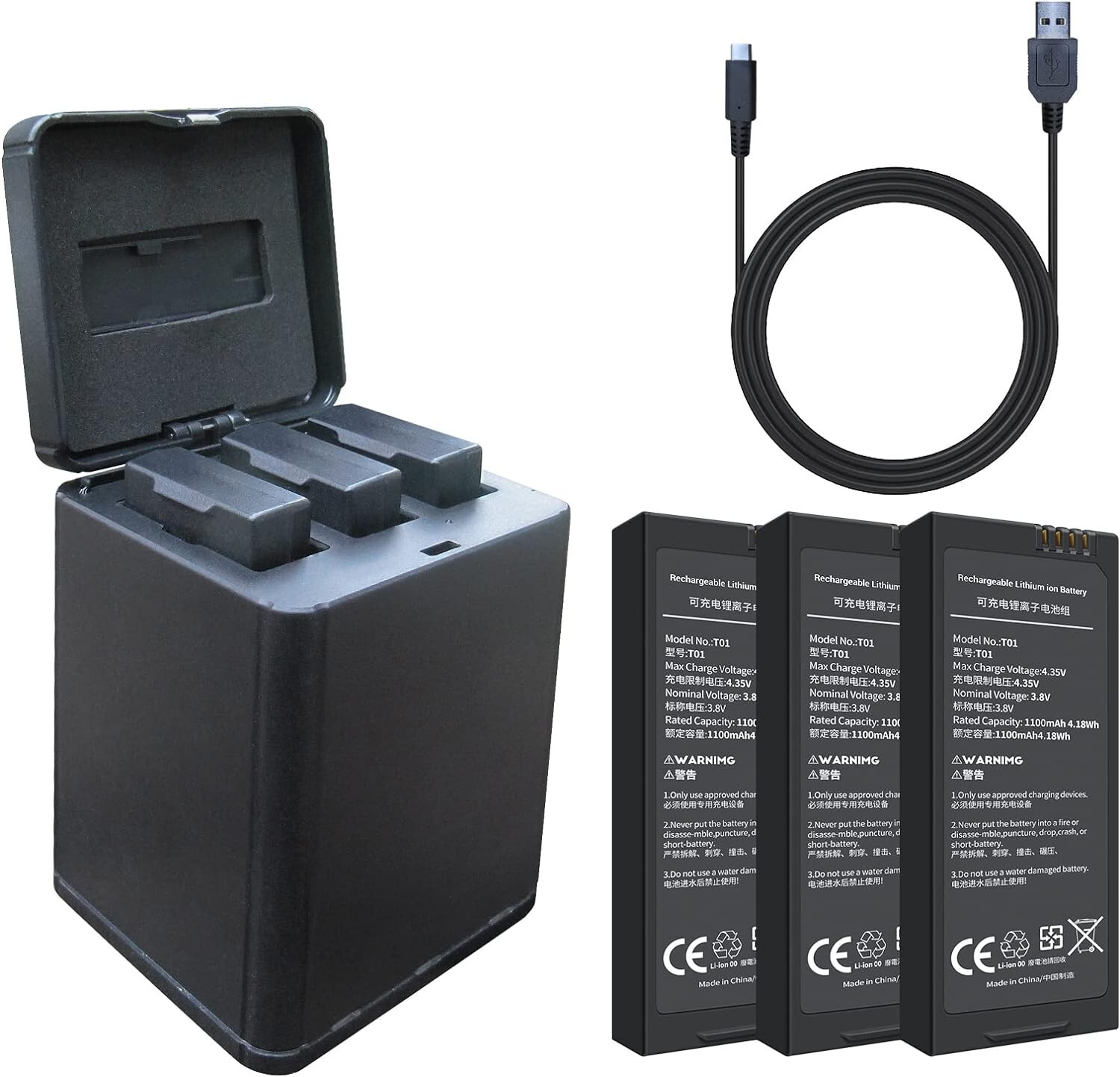 3pcs x 1100mah Lithium Battery for DJI Tello & USB Speed Tello Battery Charger