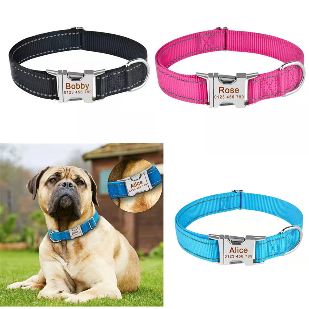 Personalized Nylon dog collar engraved custom ID Tag Name / Number reflective