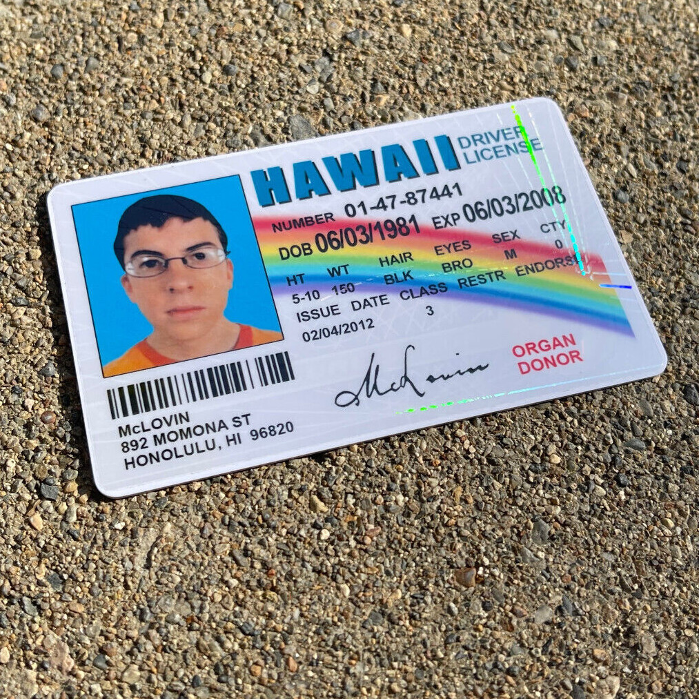 🌈🤓 McLovin ID CARD Movie Superbad Mc Lovin with "HOLOGRAM" 🌈🤓