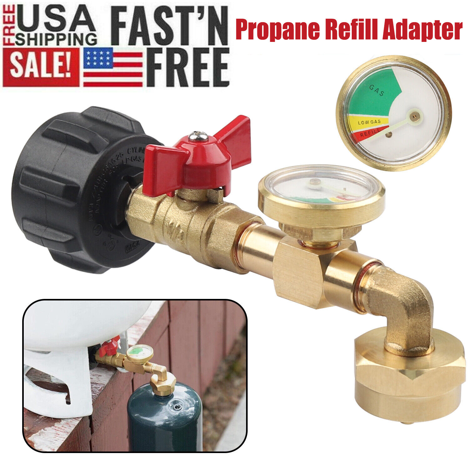 Propane Refill Adapter w/ON-Off Valve and Gauge Fill 1Lb Bottle From 5-40Lb Tank