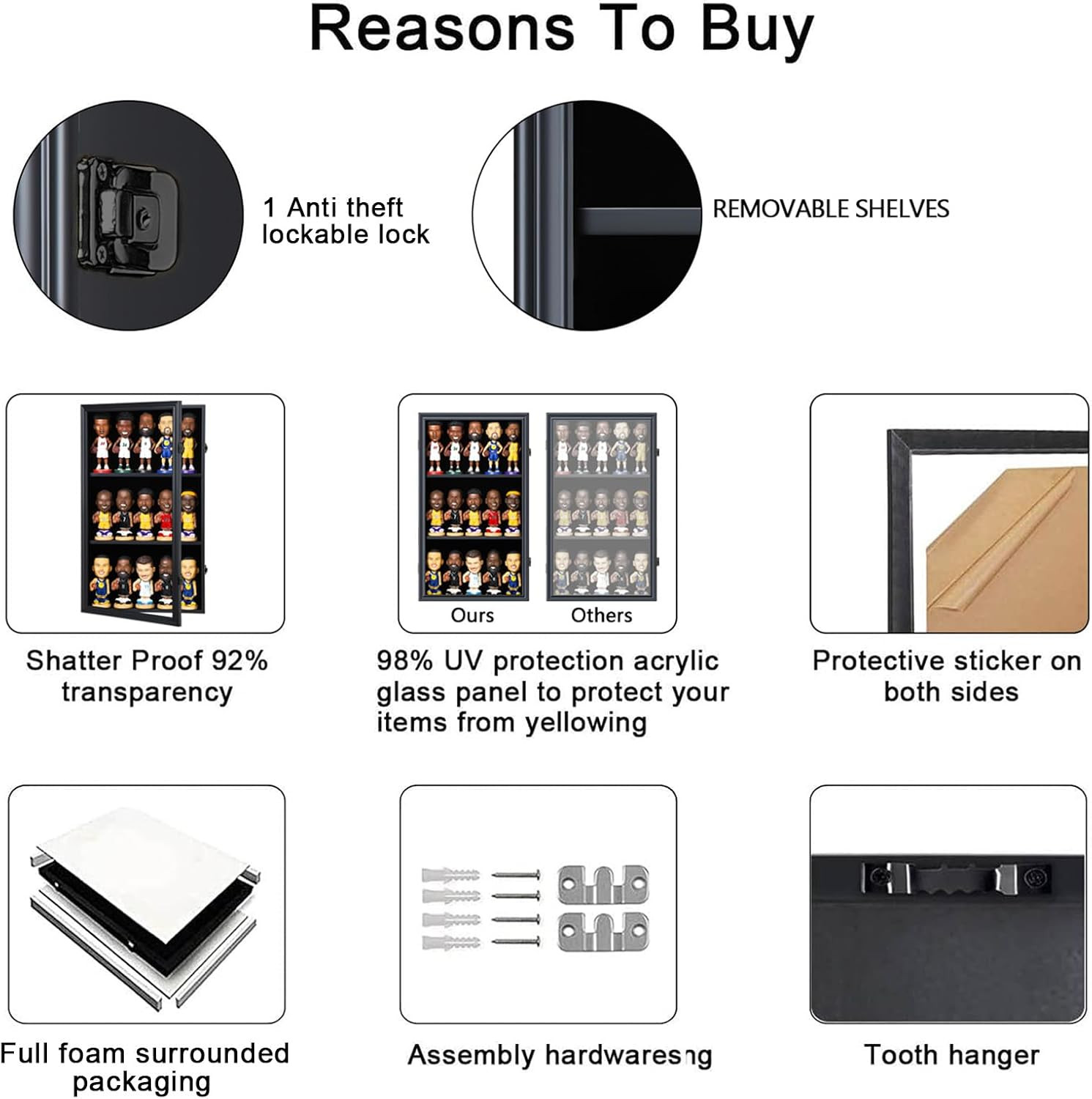 Bobblehead Display Case 15 Pcs Action Figure Black Wall Wood Cabinet Shadow Box