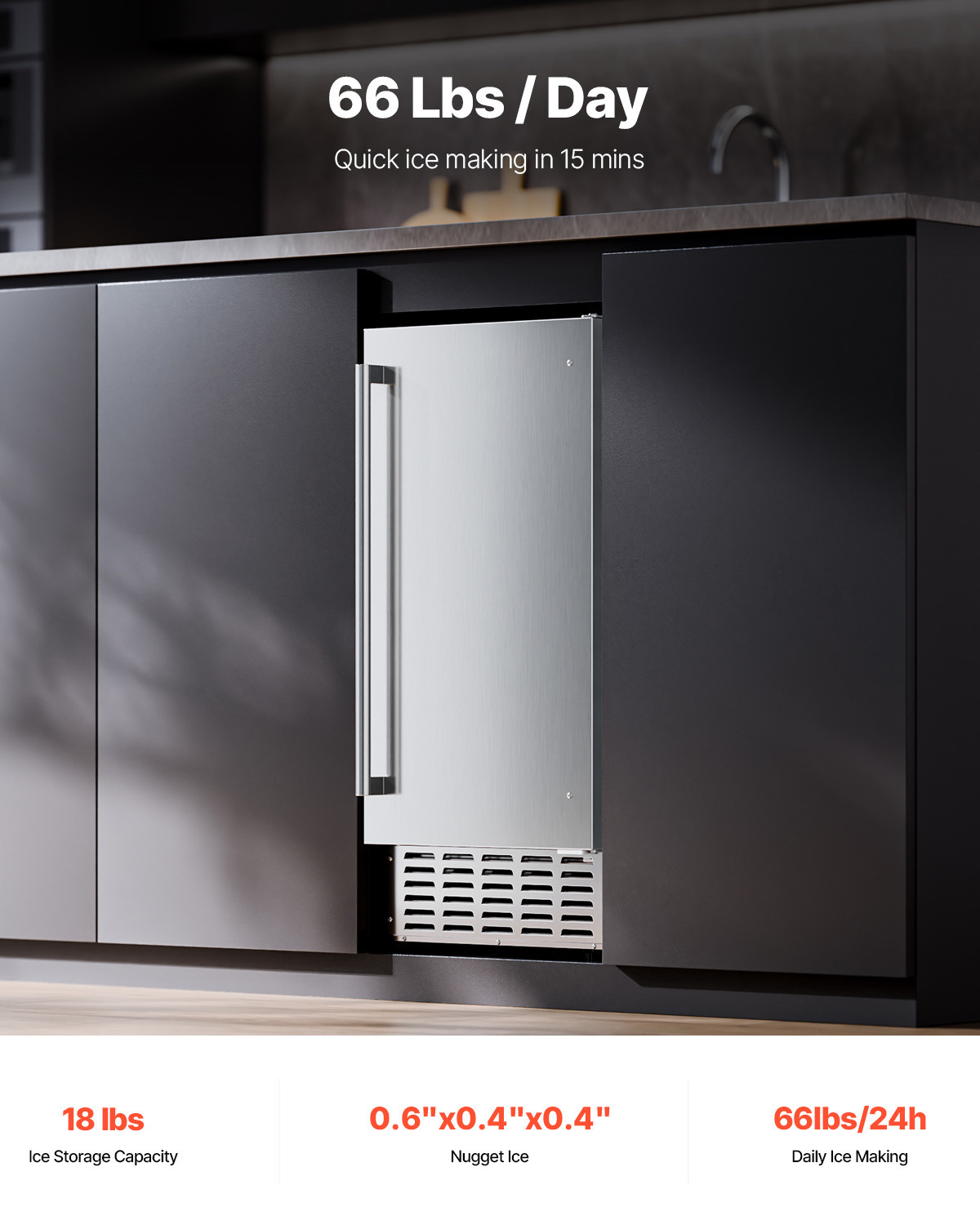 66Lb Commercial Nugget Ice Maker 15" Undercounter Freestanding Ice Maker Machine