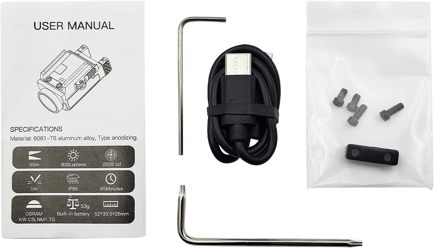 800 Lumen LED Pistol Light with Laser, Rechargeable, Quick Detach Mount - AYIN