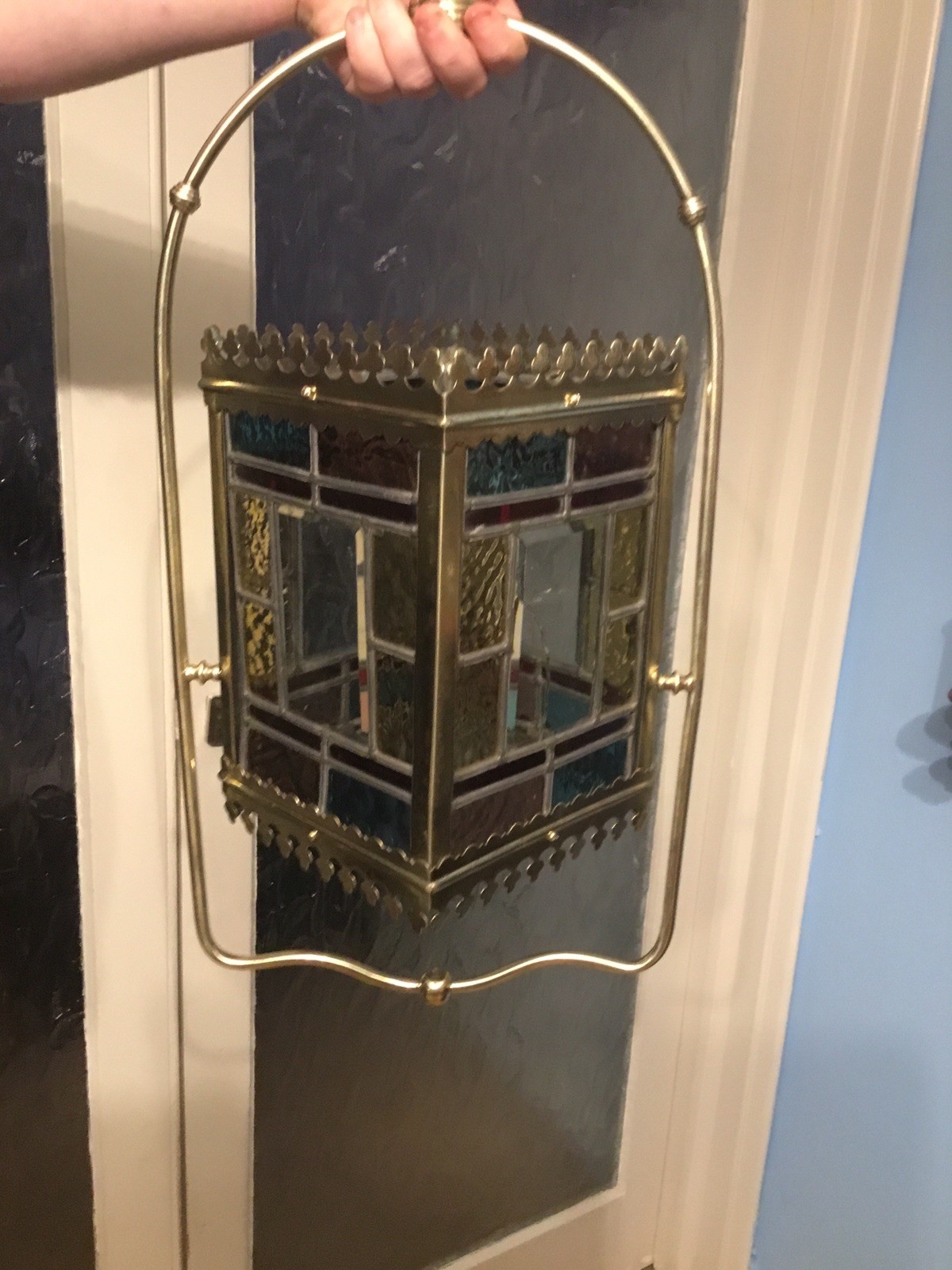 A BEAUTIFUL ANTIQUE BRASS & STAINED GLASS HALL LANTERN ,circa-1870.
